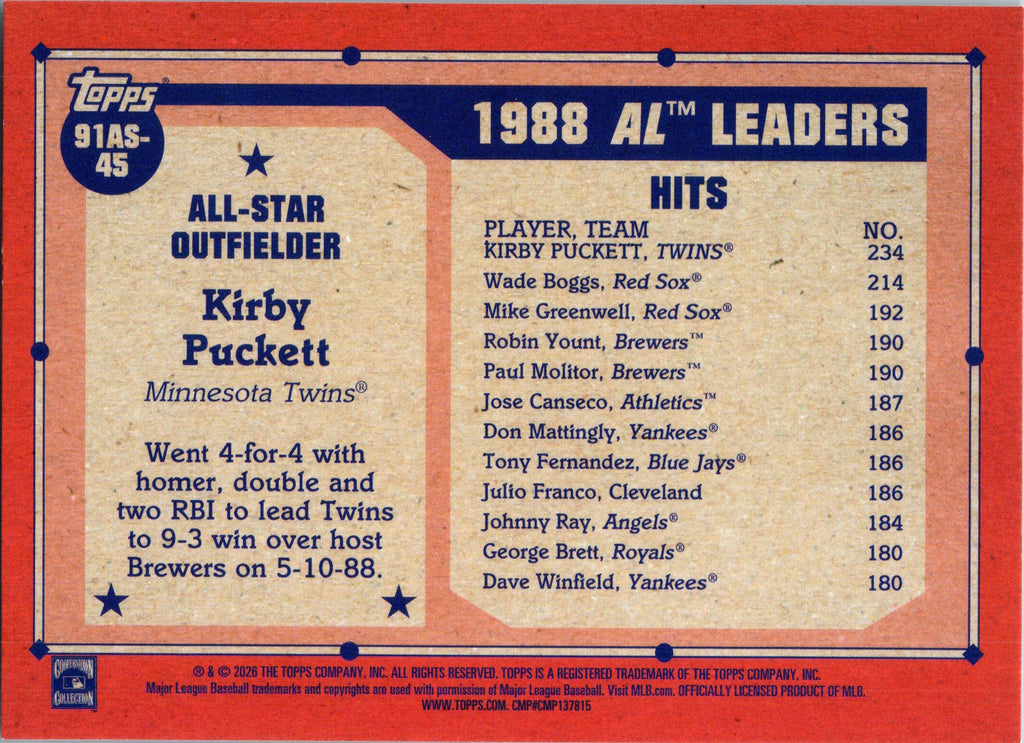 2026 Topps #91AS-45 Kirby Puckett 1991 Topps Baseball 35th Anniversary All-Stars