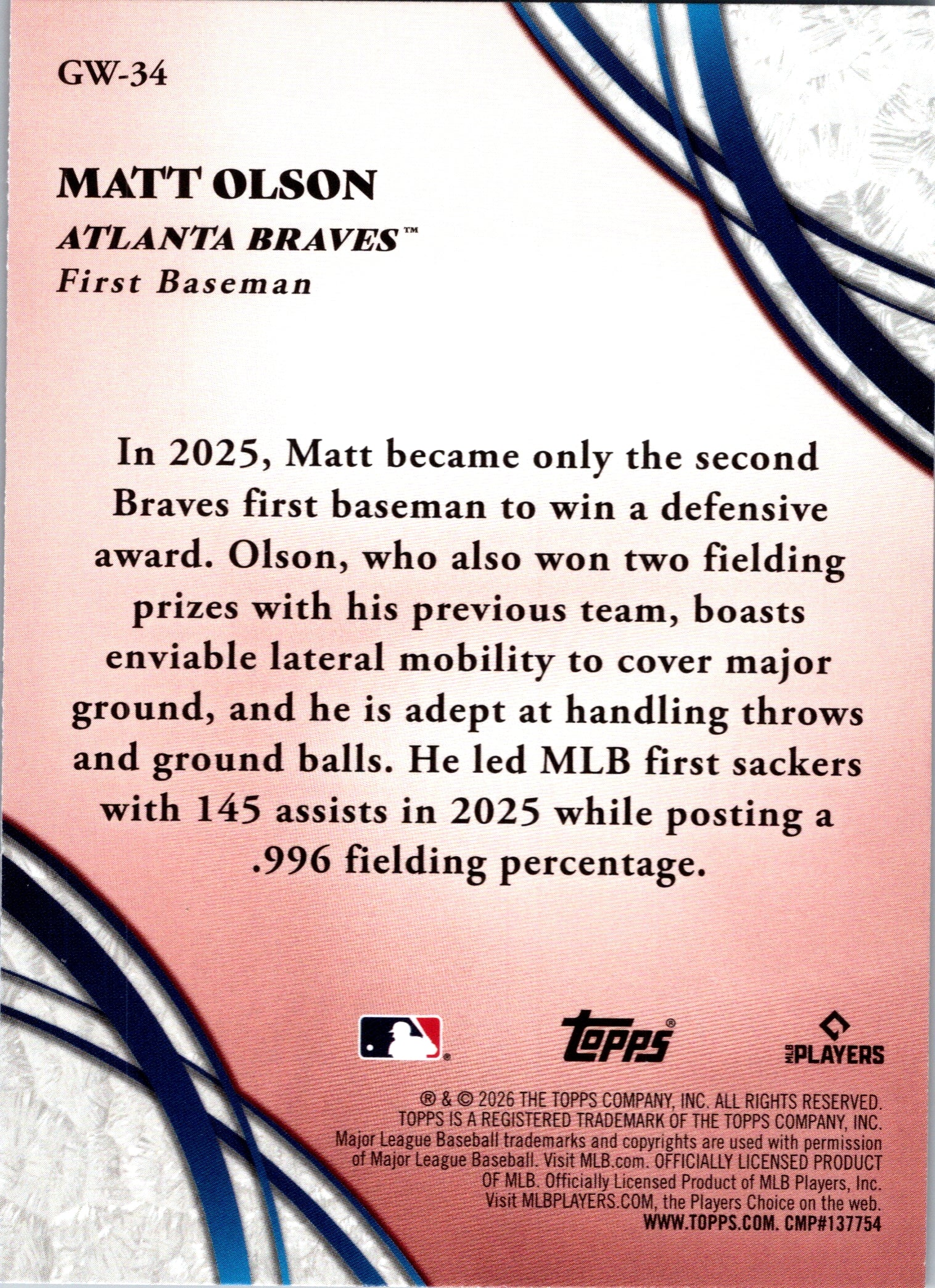 2026 Topps Matt Olson #GW-34 Glove Work Atlanta Braves Near Mint or Better