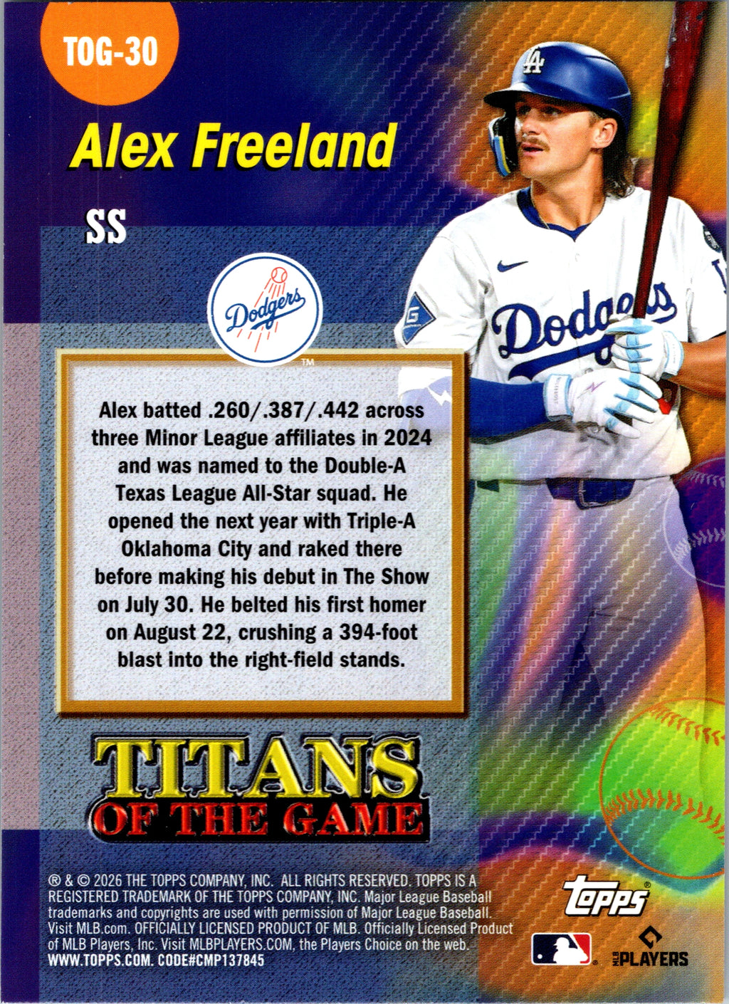 2026 Topps Alex Freeland #TOG-30 Titans of the Game Los Angeles Dodgers NM