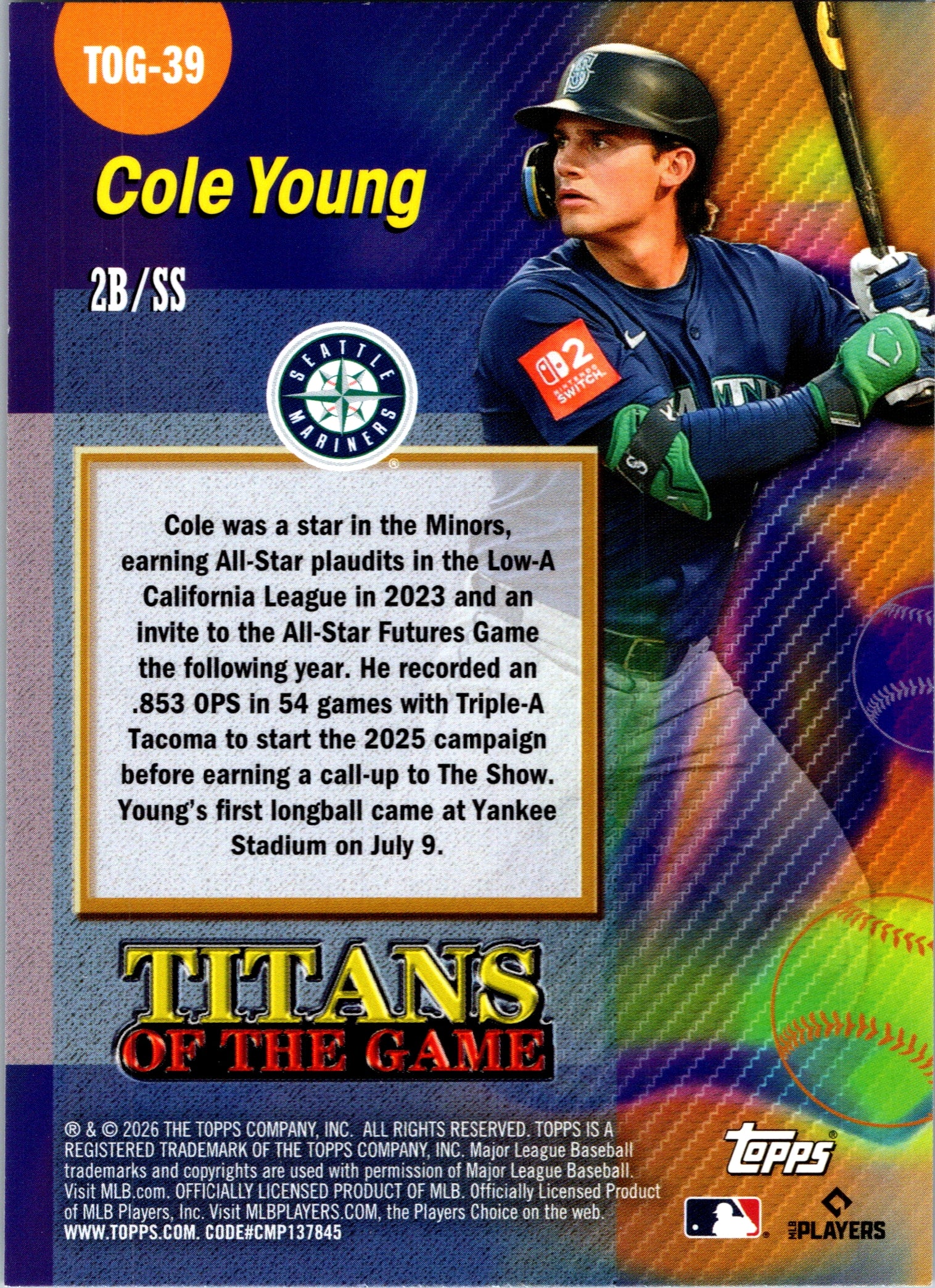 2026 Topps Cole Young #TOG-39 Titans of the Game Seattle Mariners Near Mint