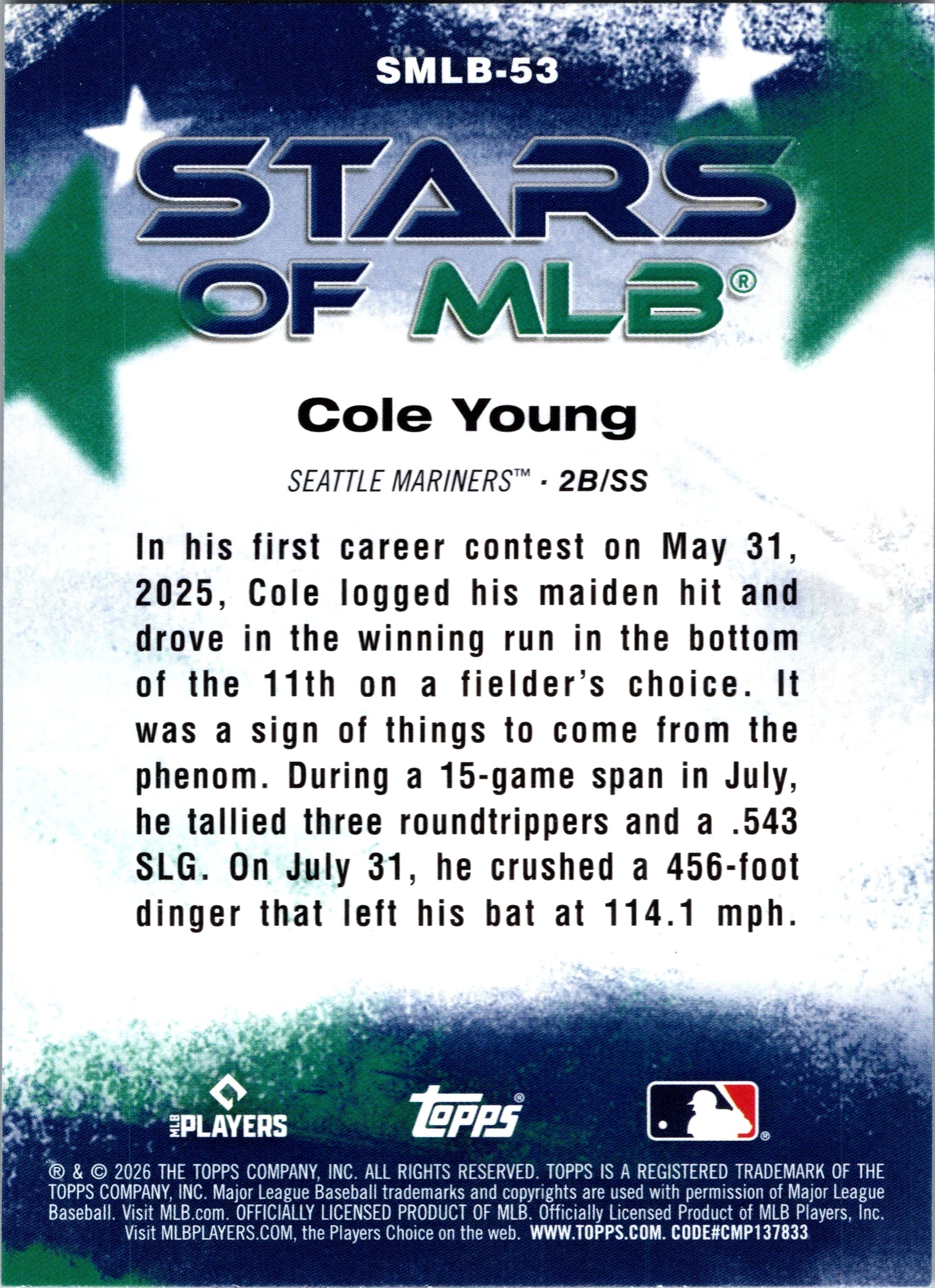 2026 Topps Cole Young #SMLB-53 Stars of MLB Crackle Foil Seattle Mariners NM