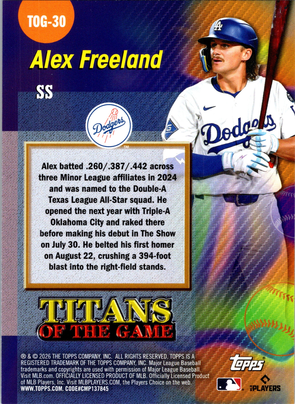 2026 Topps Alex Freeland #TOG-30 Titans of the Game Dodgers NM