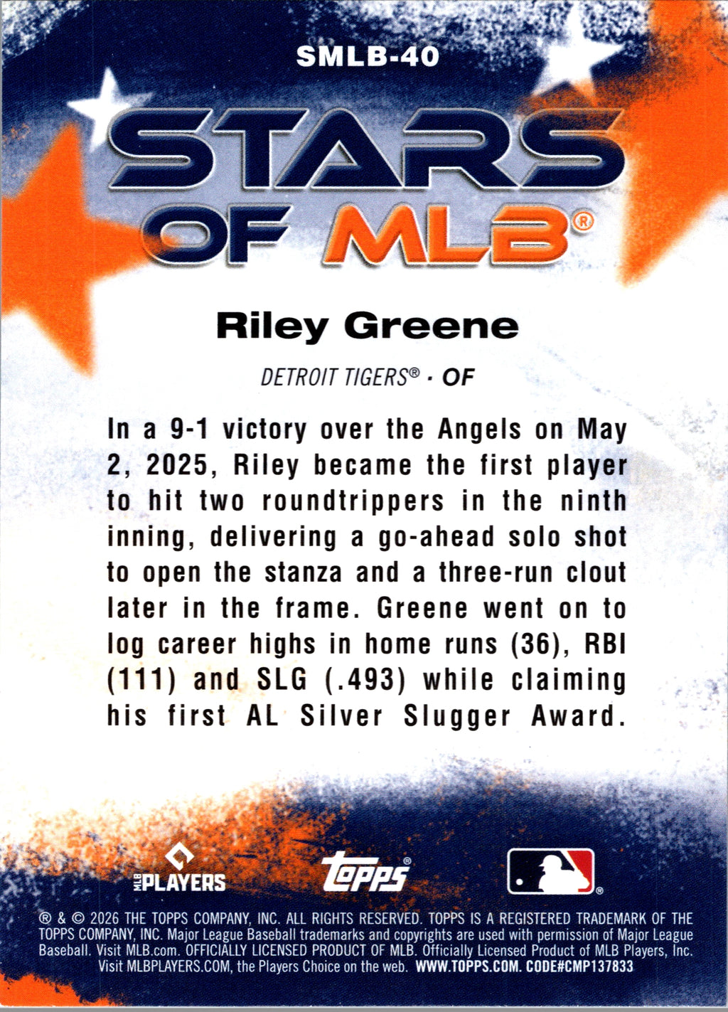 2026 Topps Riley Greene #SMLB-40 Stars of MLB Detroit Tigers Near Mint or Better