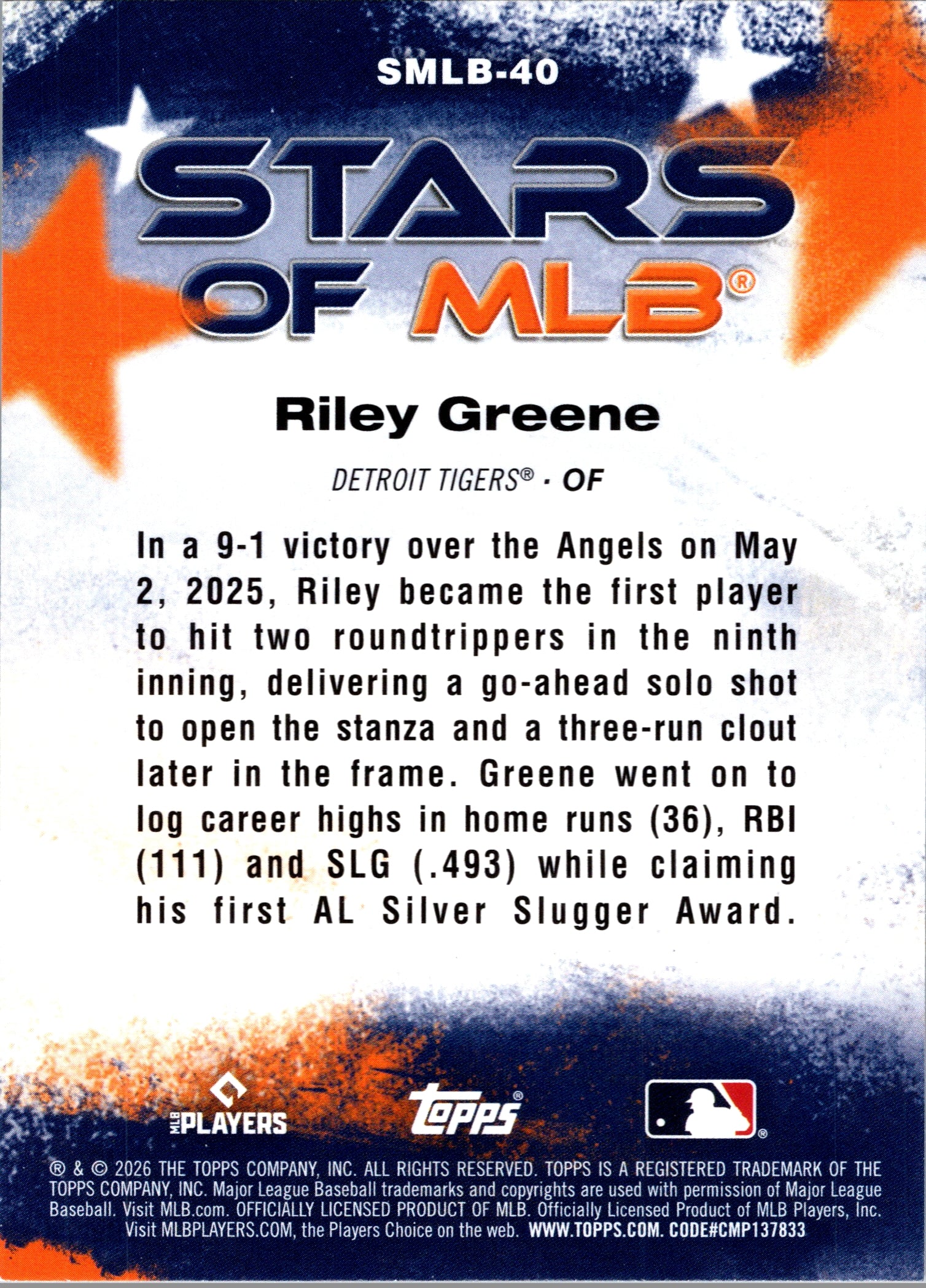 2026 Topps Riley Greene #SMLB-40 Stars of MLB Detroit Tigers Near Mint or Better