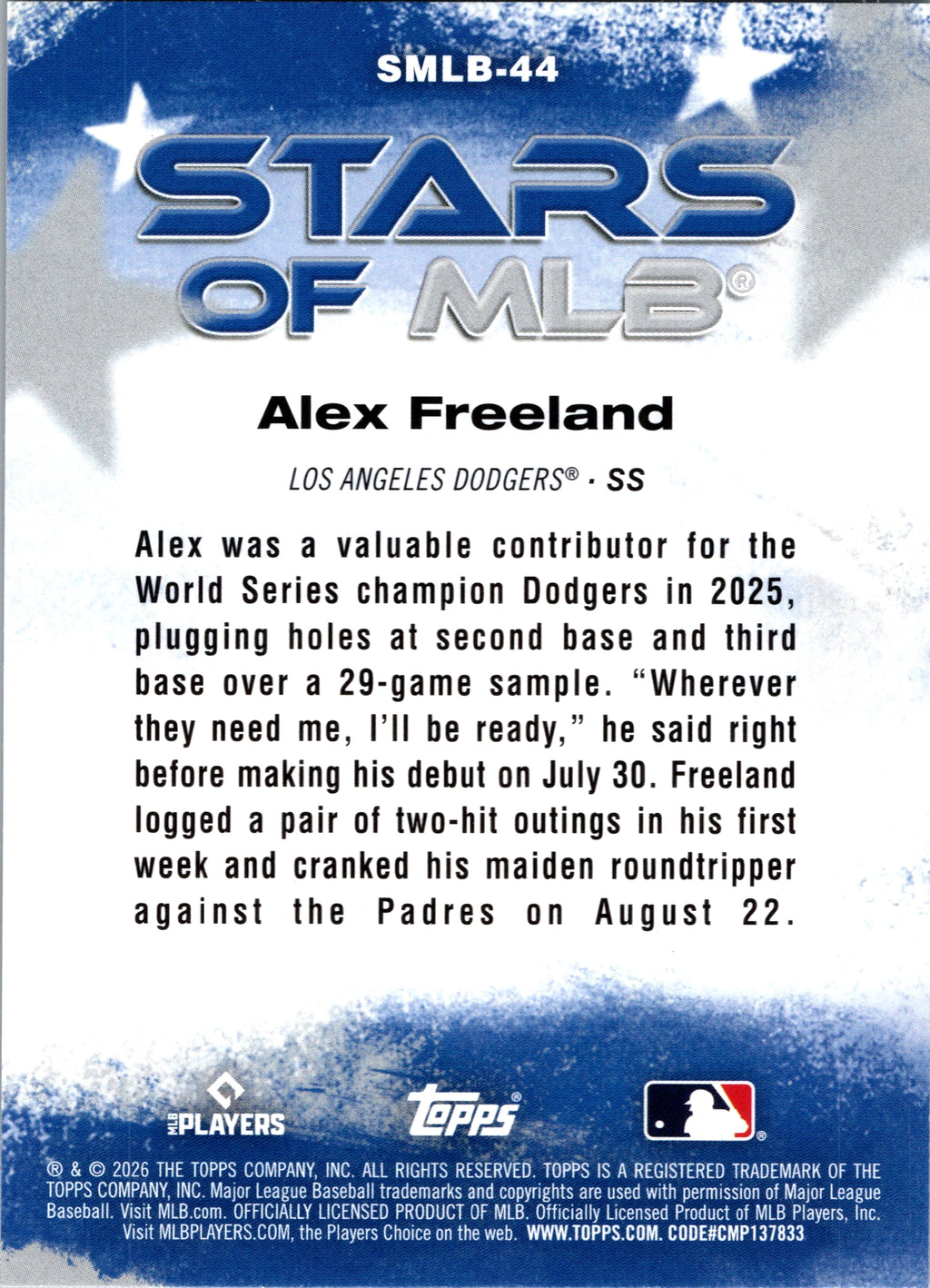 2026 Topps Alex Freeland #SMLB-44 Stars of MLB Los Angeles Dodgers NM