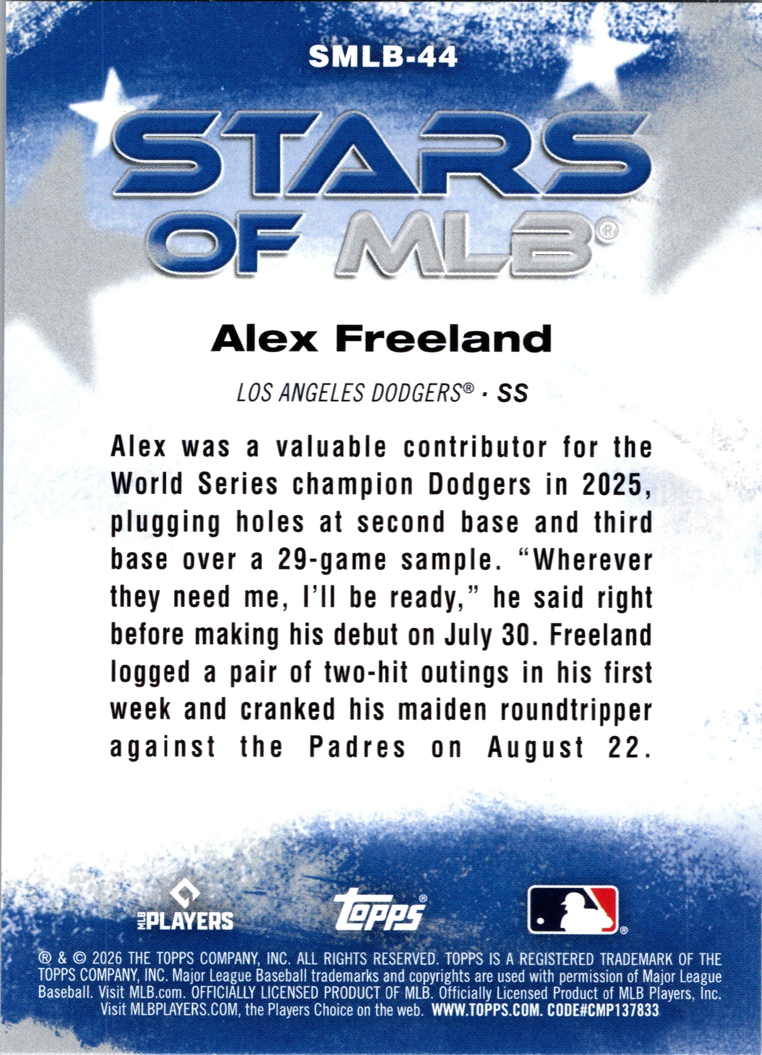 2026 Topps Alex Freeland #SMLB-44 Stars of MLB Los Angeles Dodgers NM