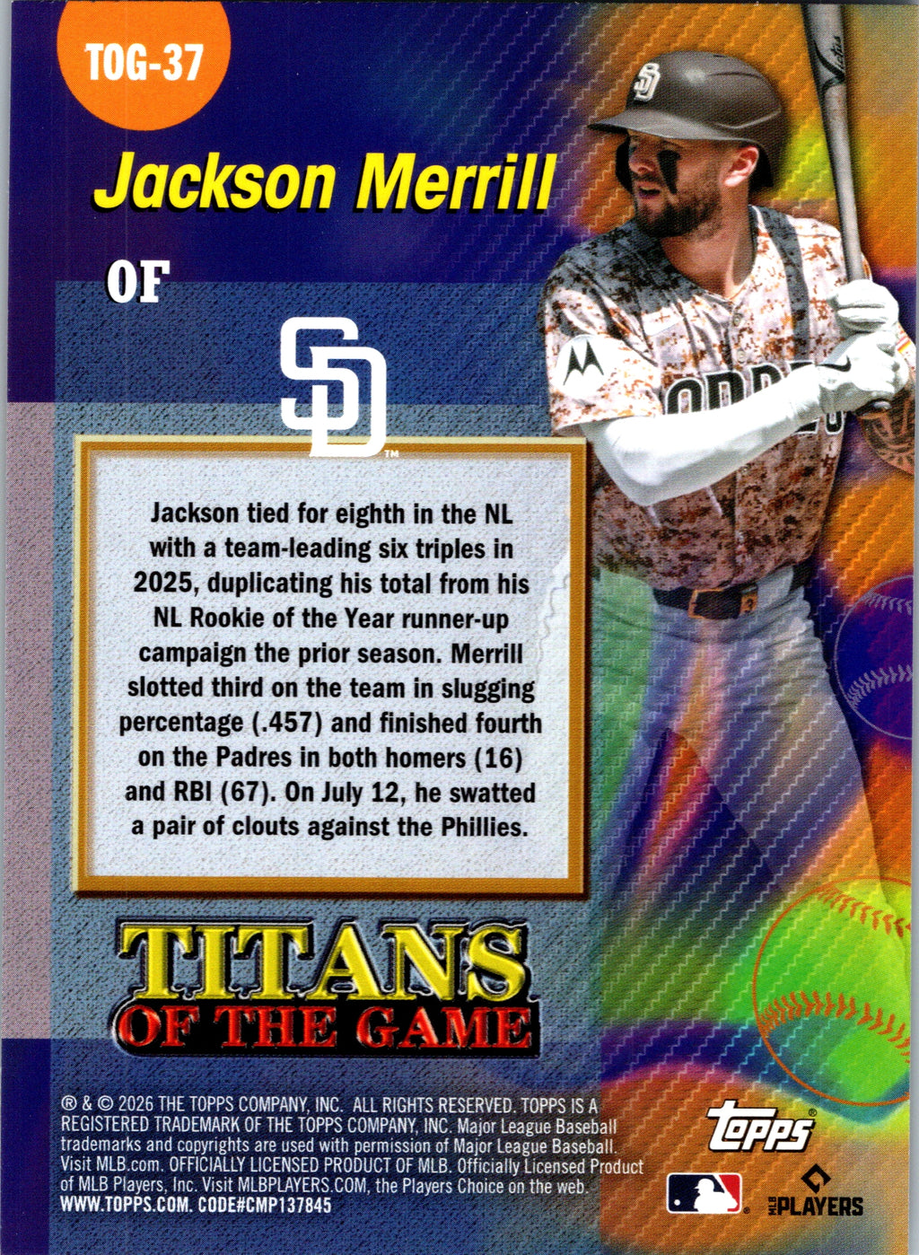2026 Topps Jackson Merrill #TOG-37 Titans of the Game San Diego Padres NM