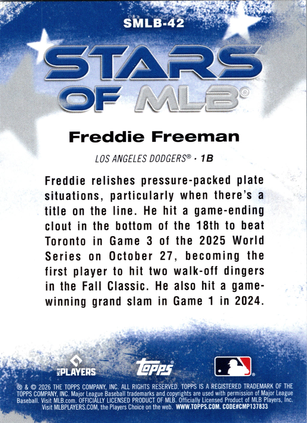 2026 Topps Freddie Freeman #SMLB-42 Stars of MLB Los Angeles Dodgers Near Mint