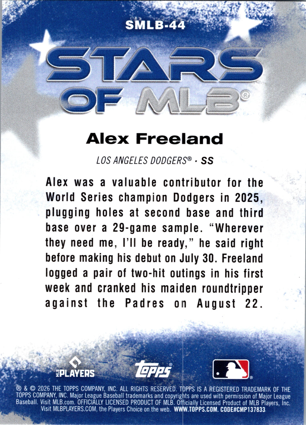 2026 Topps Alex Freeland #SMLB-44 Stars of MLB Los Angeles Dodgers Near Mint