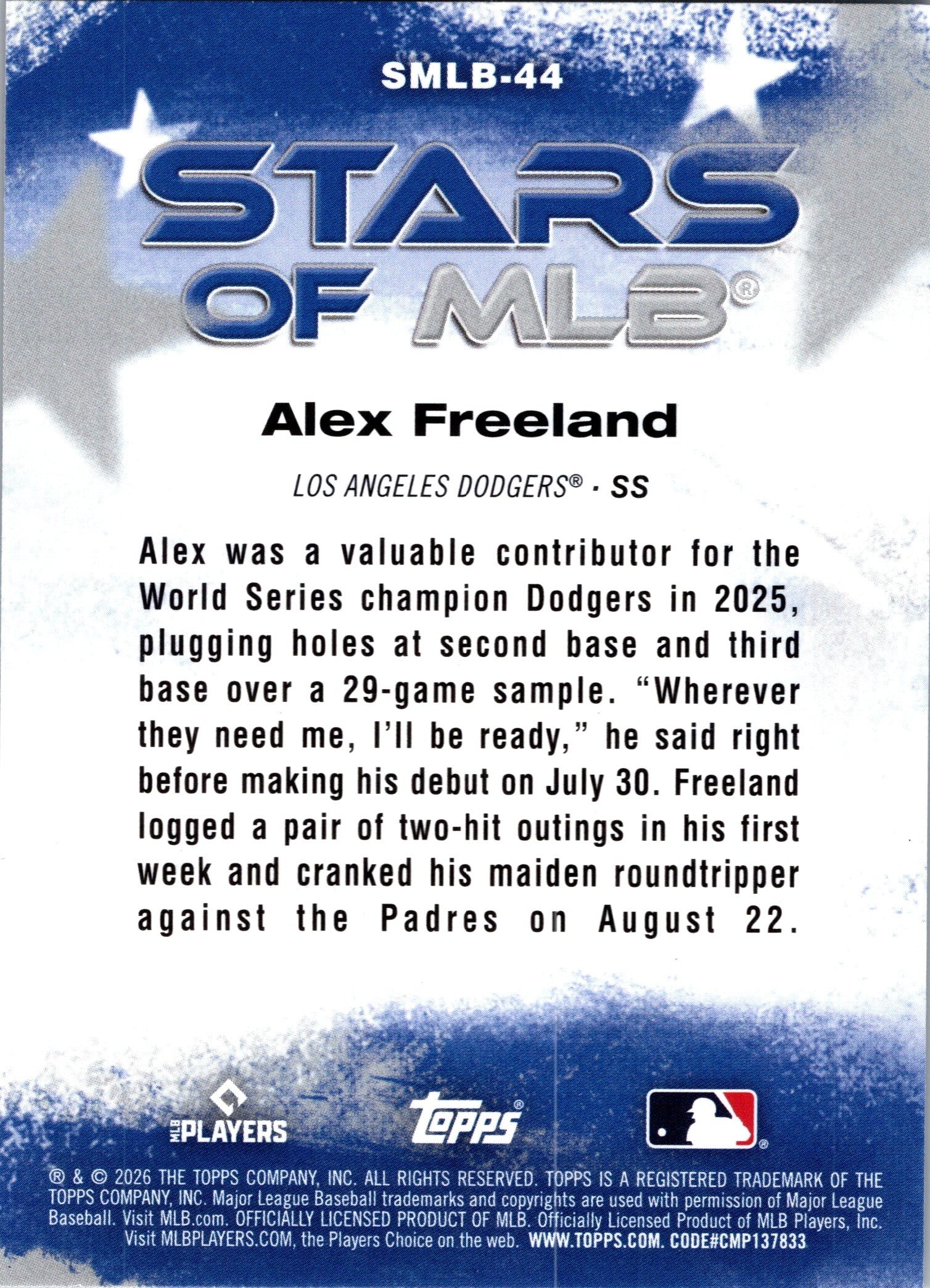 2026 Topps Alex Freeland #SMLB-44 Stars of MLB Los Angeles Dodgers Near Mint