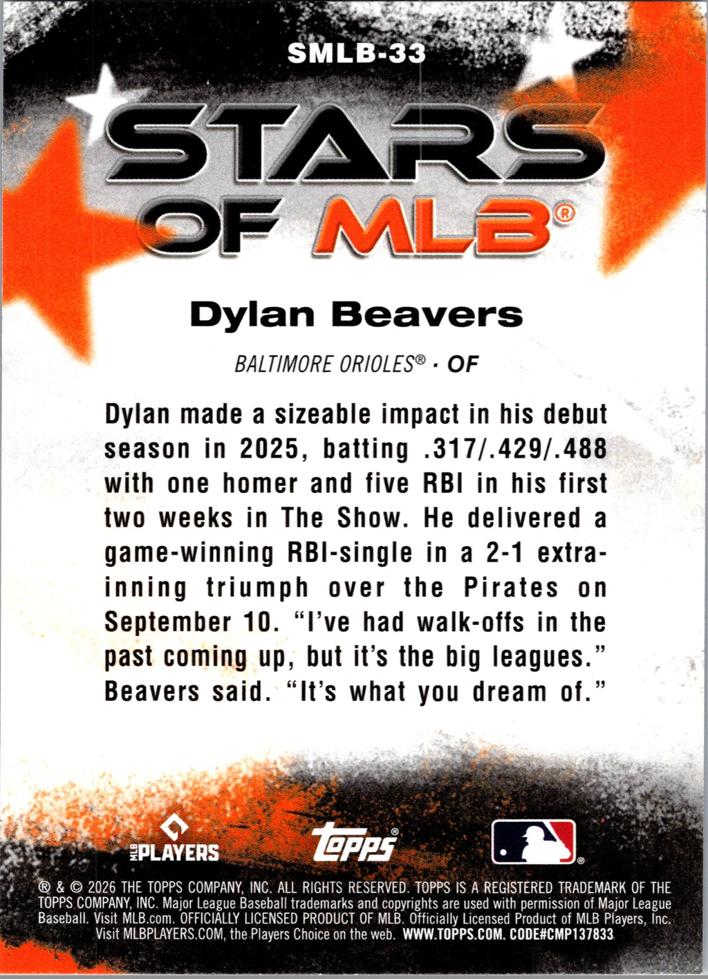 2026 Topps Dylan Beavers #SMLB-33 Stars of MLB Baltimore Orioles Near Mint