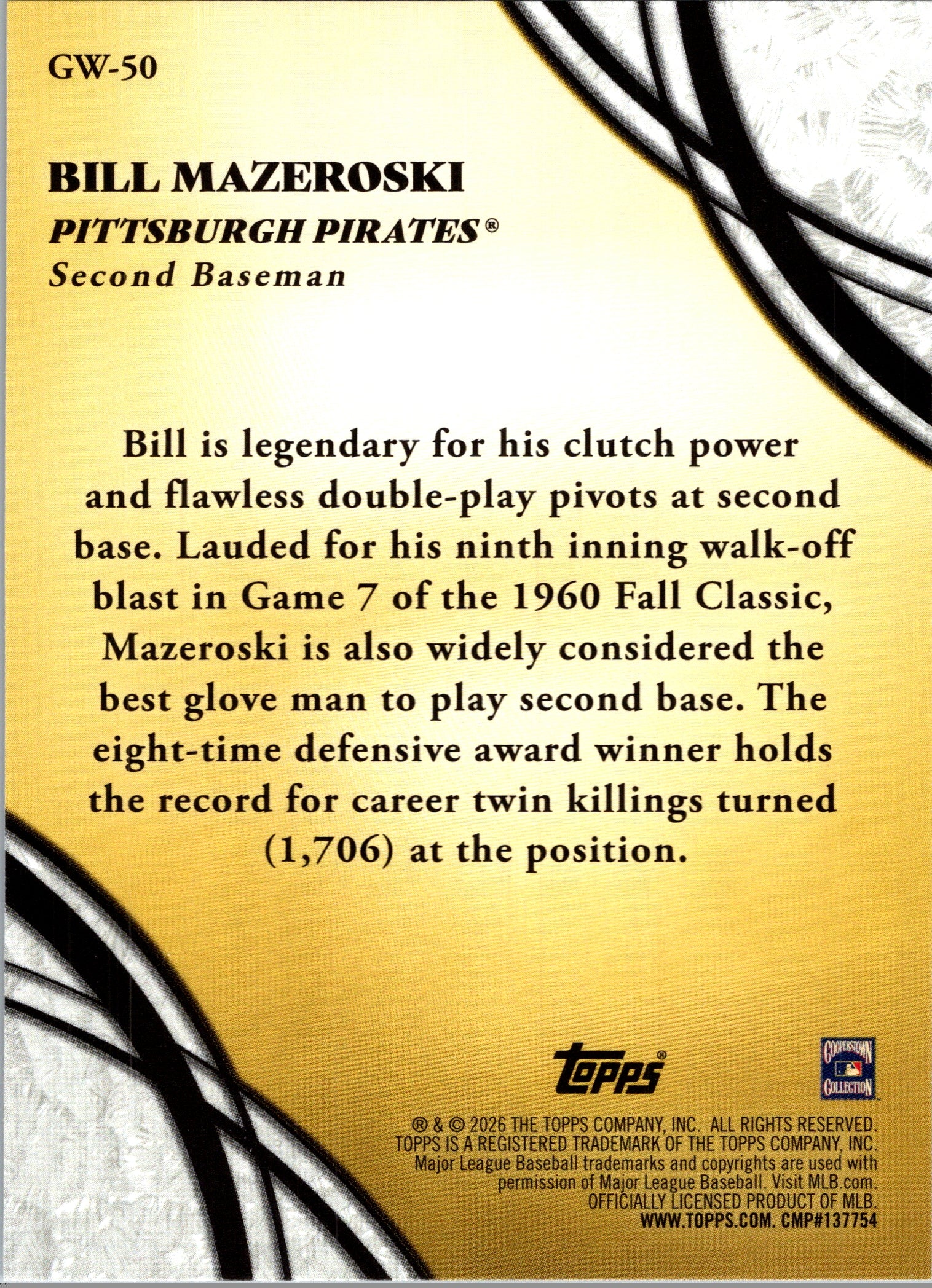 2026 Topps Bill Mazeroski #GW-50 Glove Work Pittsburgh Pirates Near Mint