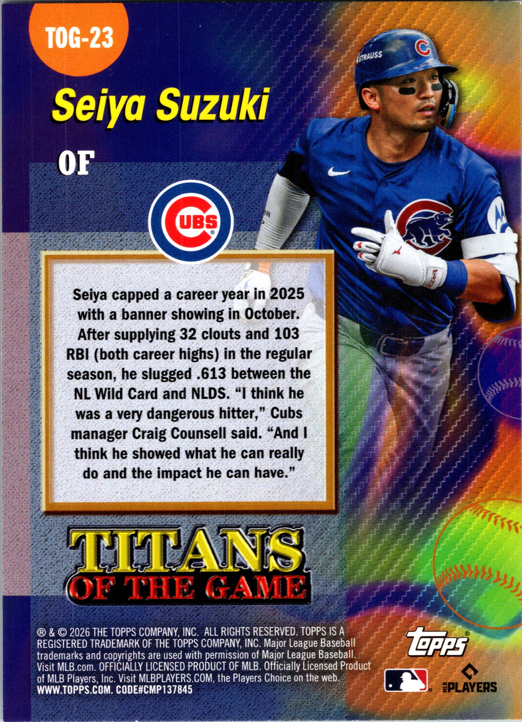 2026 Topps Seiya Suzuki #TOG-23 Titans of the Game Chicago Cubs Near Mint