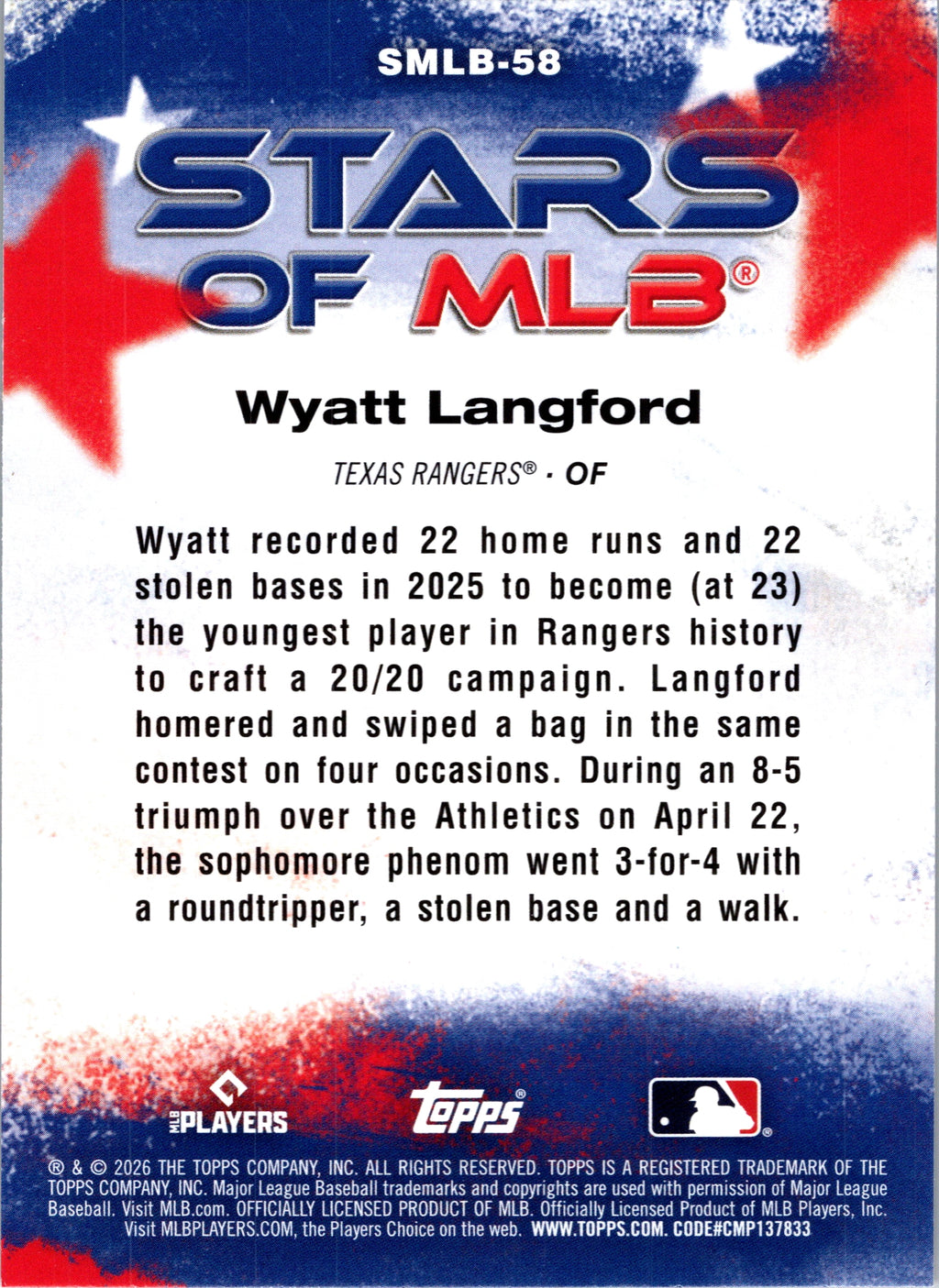 2026 Topps #SMLB-58 Wyatt Langford Stars of MLB
