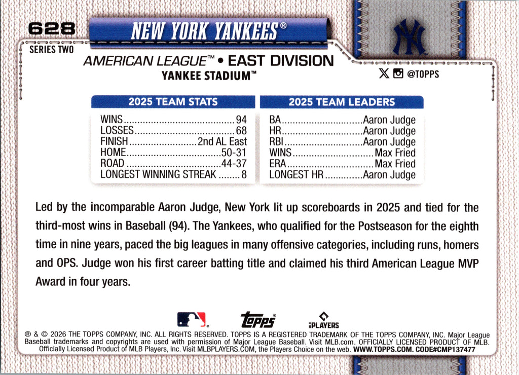 2026 Topps #628 New York Yankees