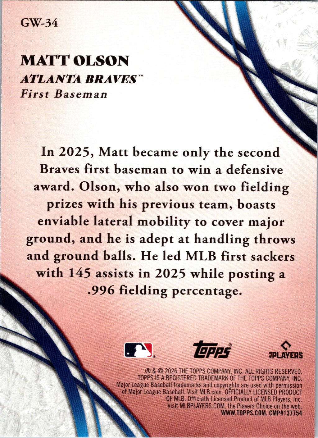 2026 Topps Matt Olson #GW-34 Glove Work Atlanta Braves Near Mint or Better