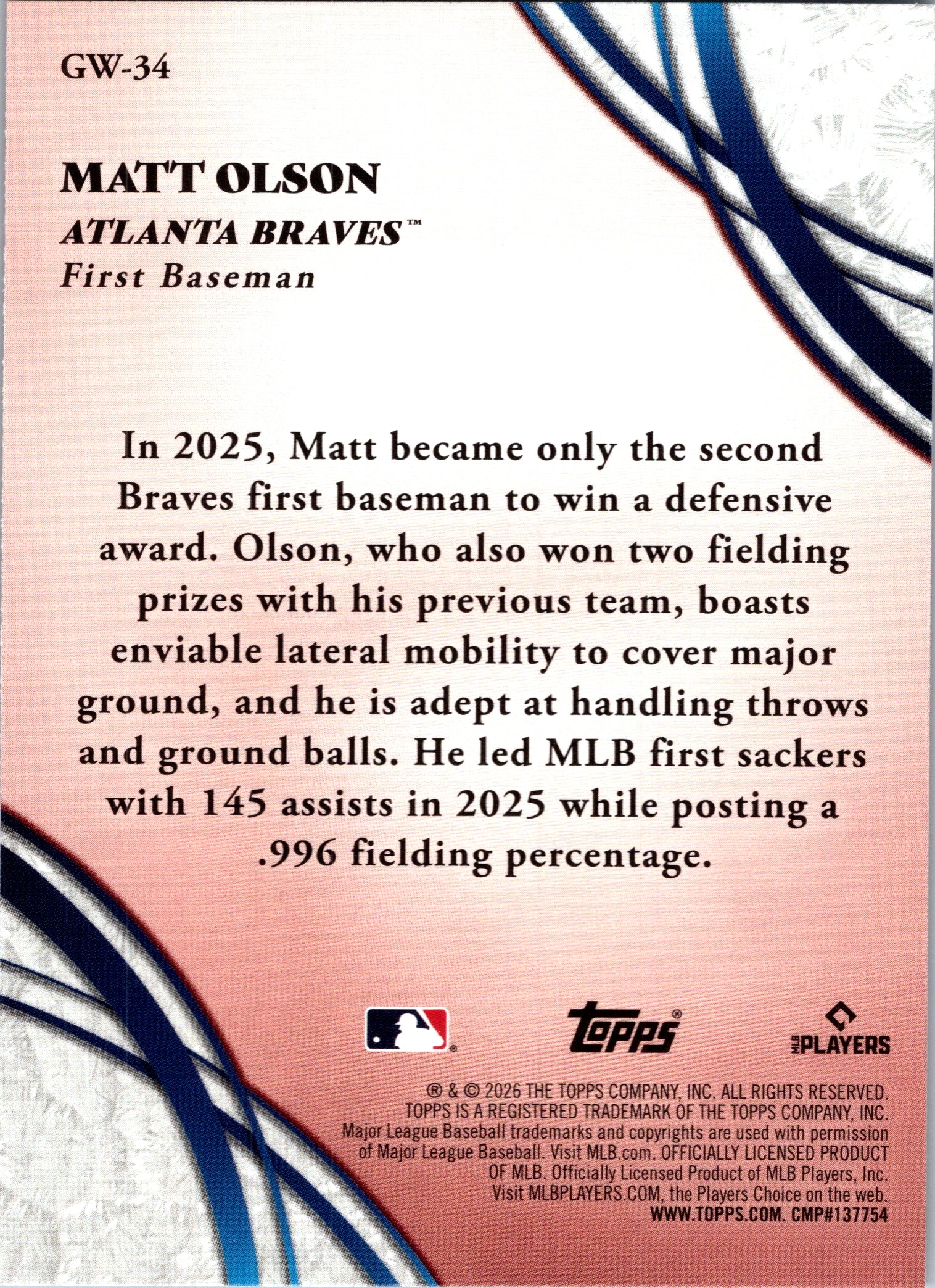 2026 Topps Matt Olson #GW-34 Glove Work Atlanta Braves Near Mint or Better