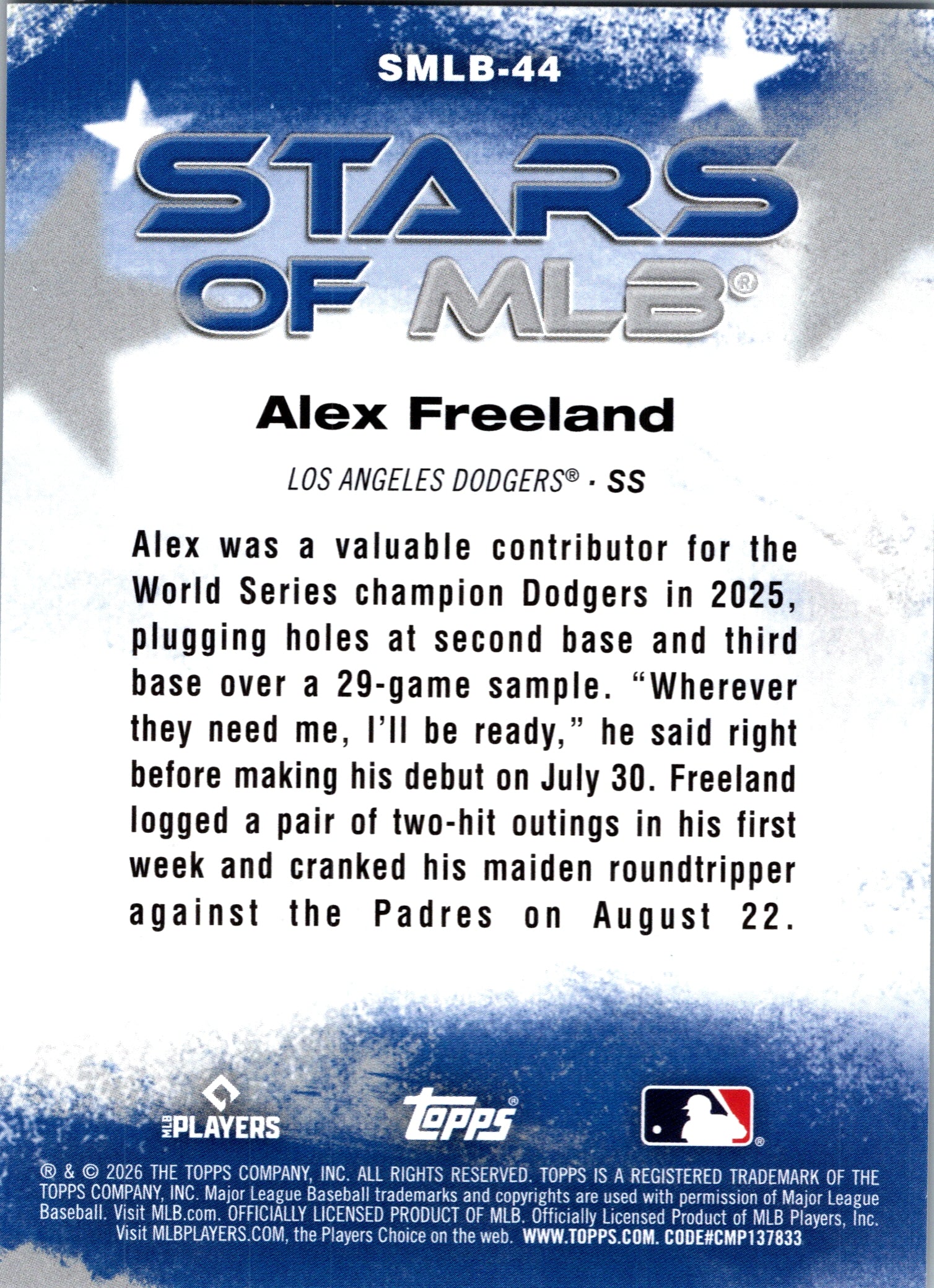 2026 Topps Alex Freeland #SMLB-44 Stars of MLB Los Angeles Dodgers Near Mint