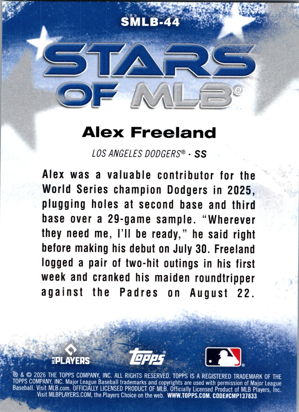 2026 Topps Alex Freeland #SMLB-44 Stars of MLB Los Angeles Dodgers Near Mint