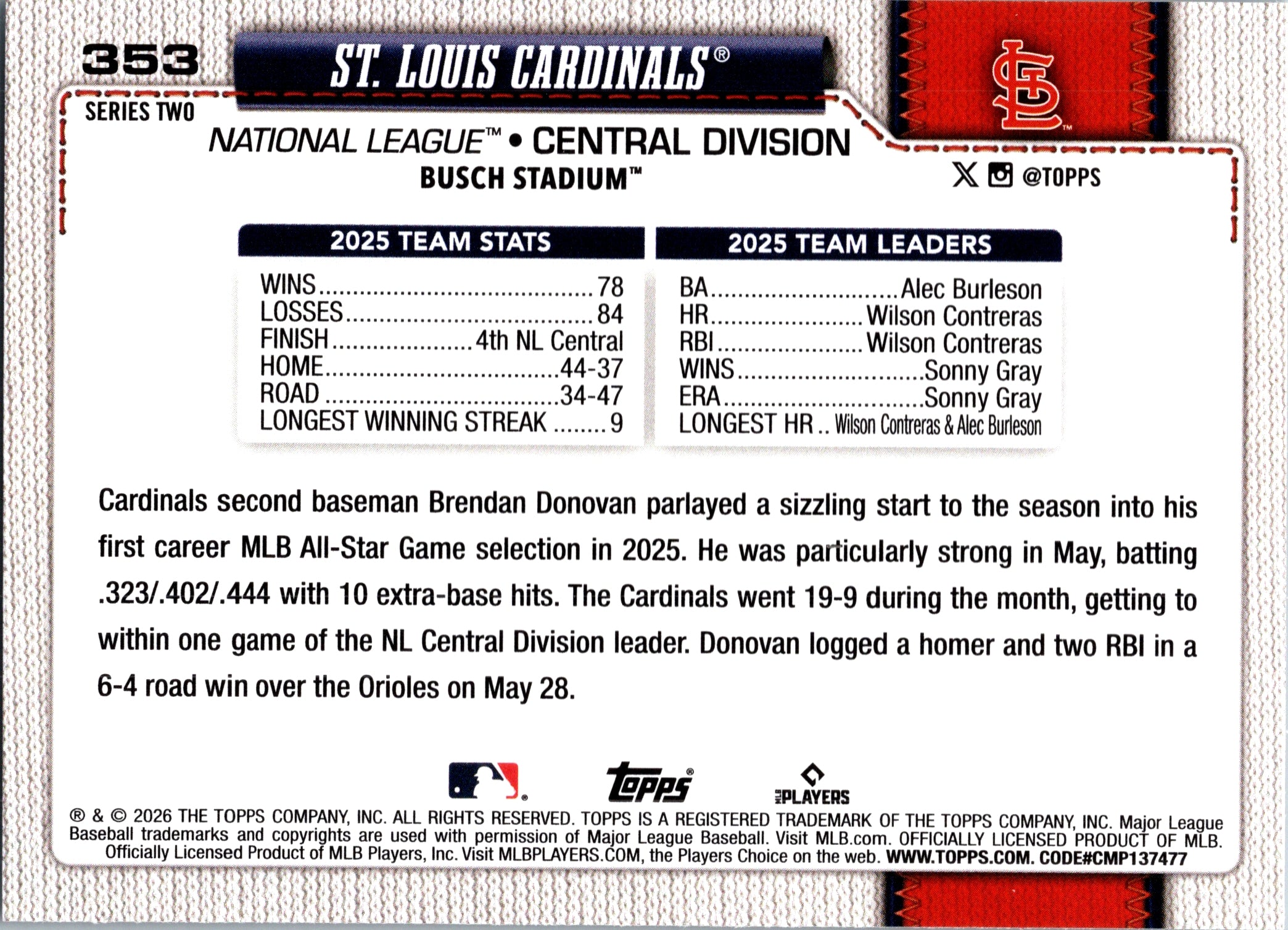 2026 Topps St. Louis Cardinals #353 Rainbow Foil St. Louis Cardinals Near Mint