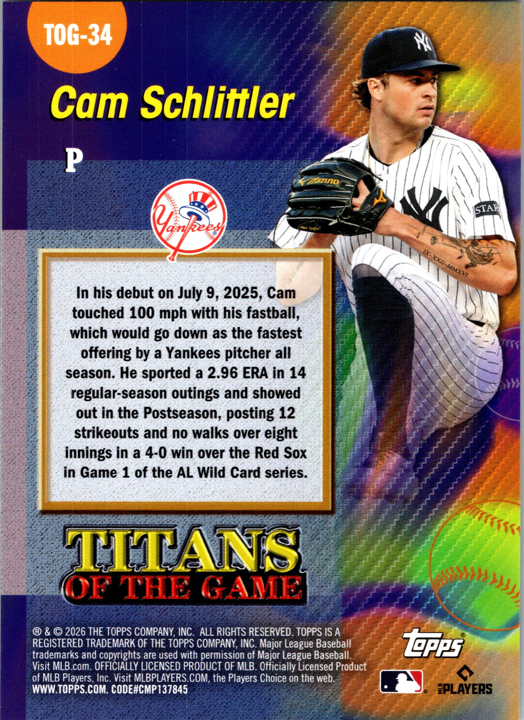2026 Topps Cam Schlittler #TOG-34 Titans of the Game New York Yankees Near Mint