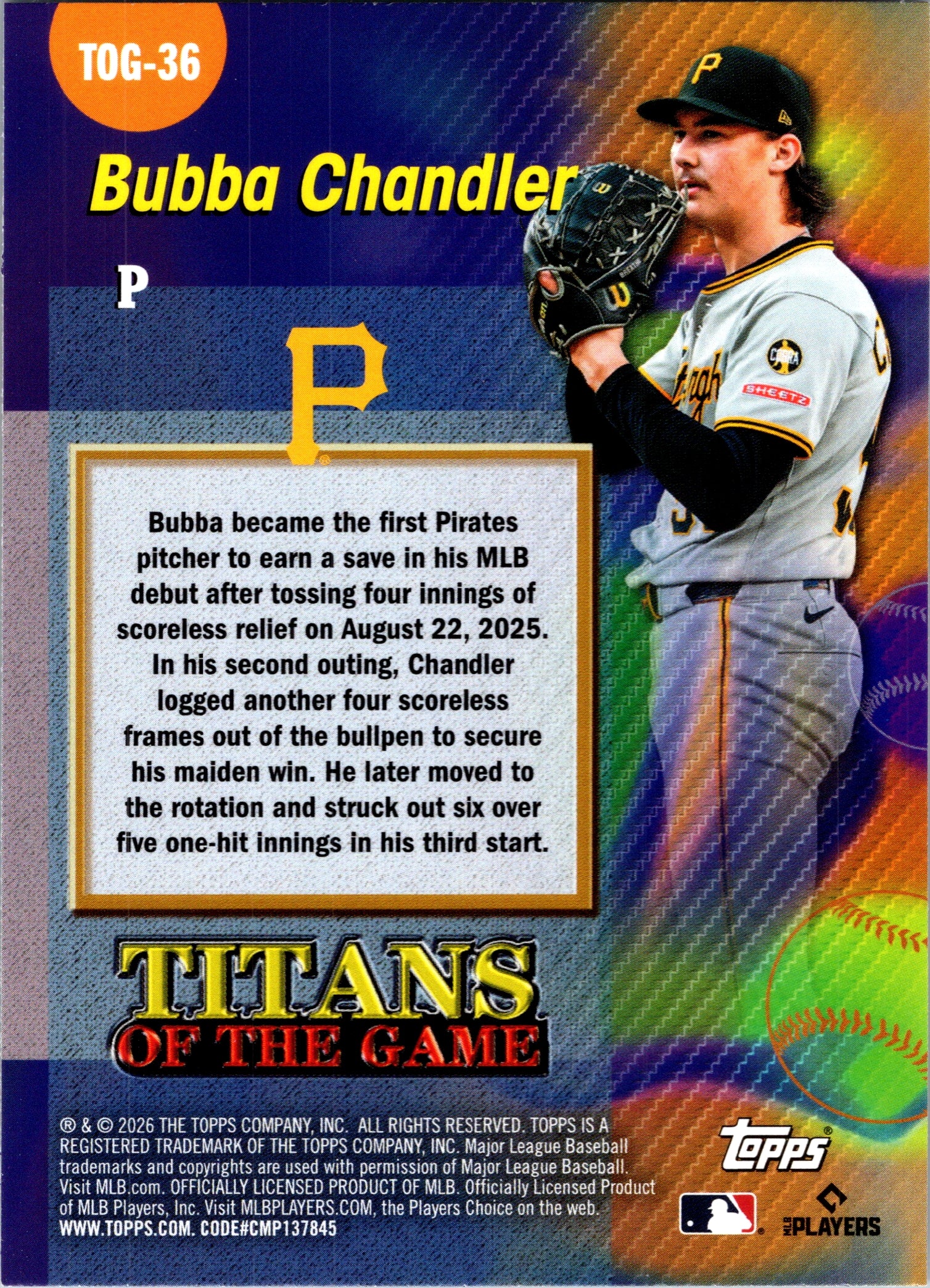 2026 Topps Bubba Chandler #TOG-36 Titans of the Game Pittsburgh Pirates NM