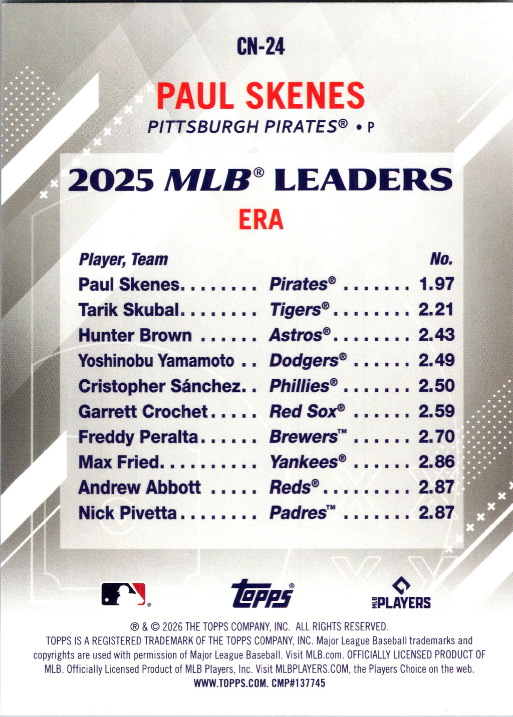 2026 Topps Paul Skenes #CN-24 Crooked Numbers Pittsburgh Pirates NM