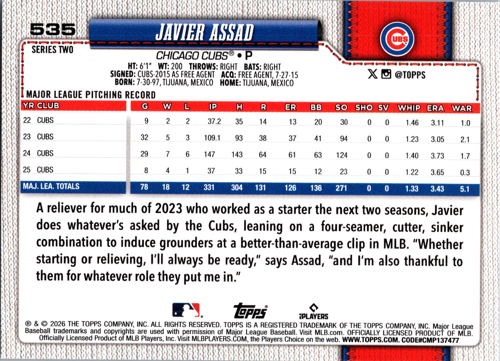 2026 Topps Javier Assad #535 Holo Foil Chicago Cubs Near Mint or Better