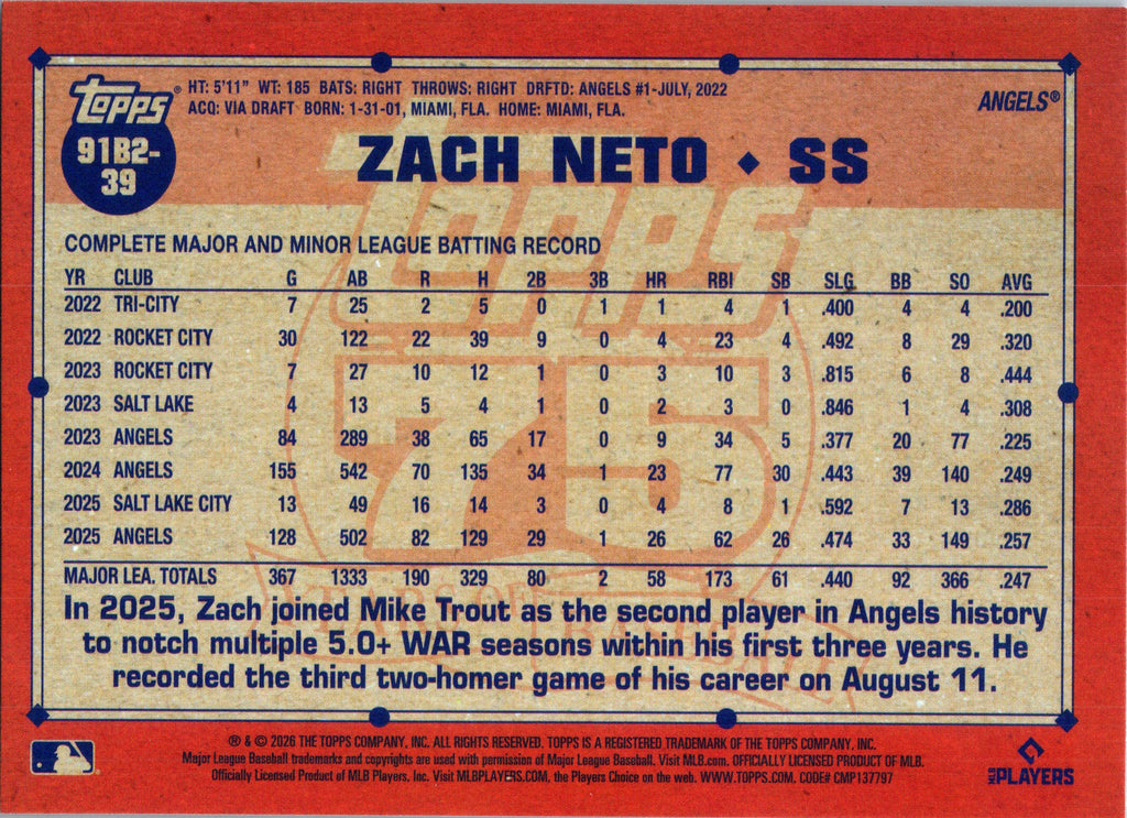 2026 Topps #91B2-39 Zach Neto 1991 Topps Baseball 35th Anniversary Crackle Foil