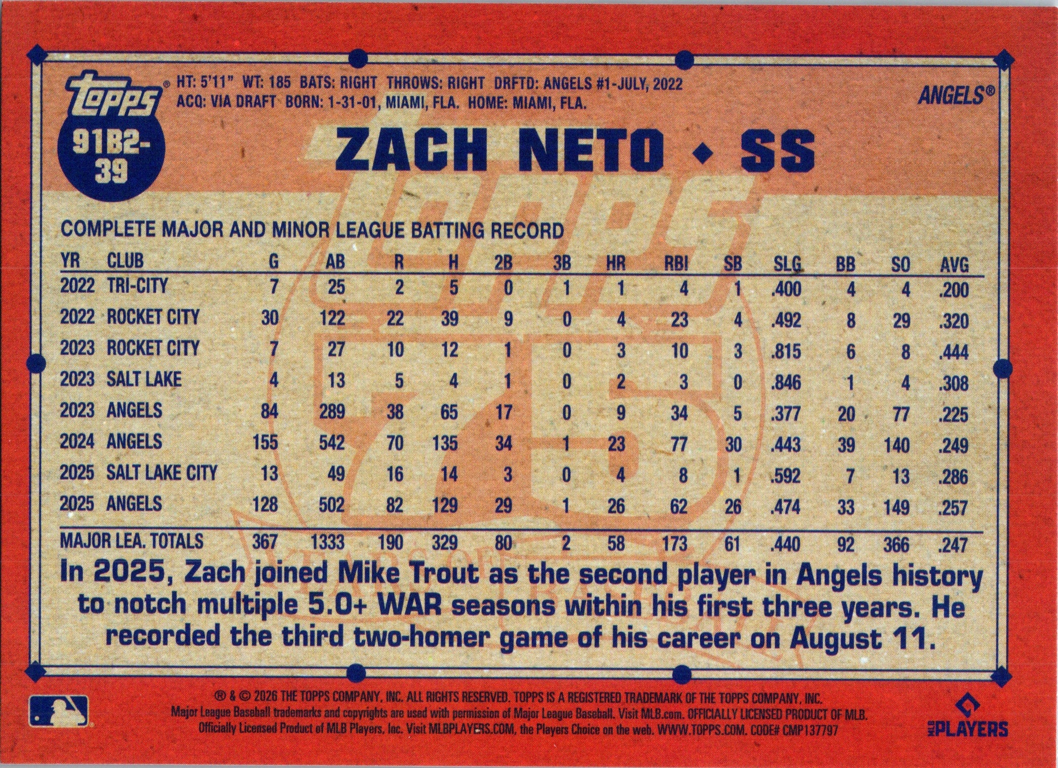 2026 Topps #91B2-39 Zach Neto 1991 Topps Baseball 35th Anniversary Crackle Foil