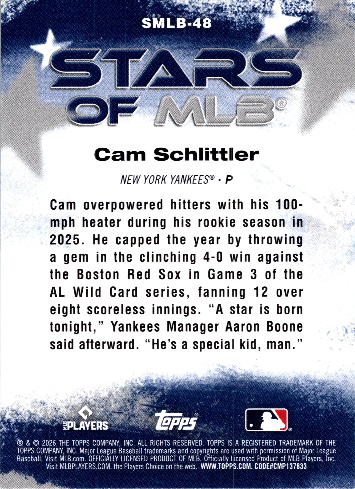 2026 Topps Cam Schlittler #SMLB-48 Stars of MLB New York Yankees NM
