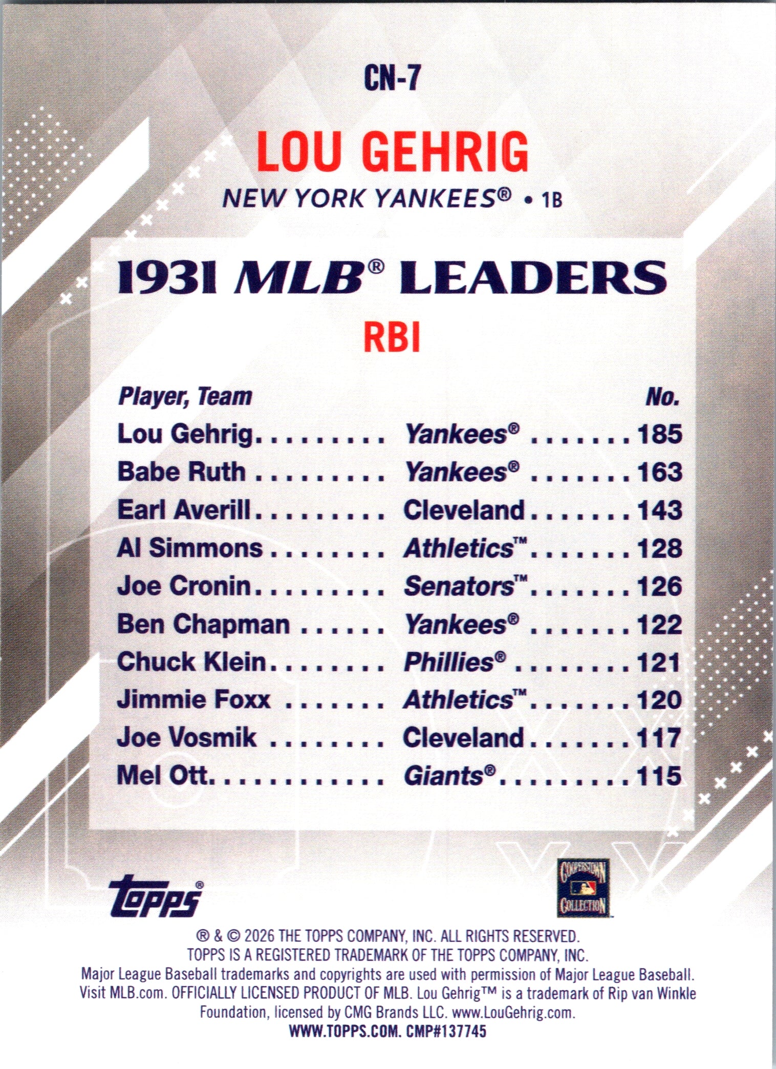 2026 Topps Lou Gehrig #CN-7 Crooked Numbers New York Yankees Near Mint or Better
