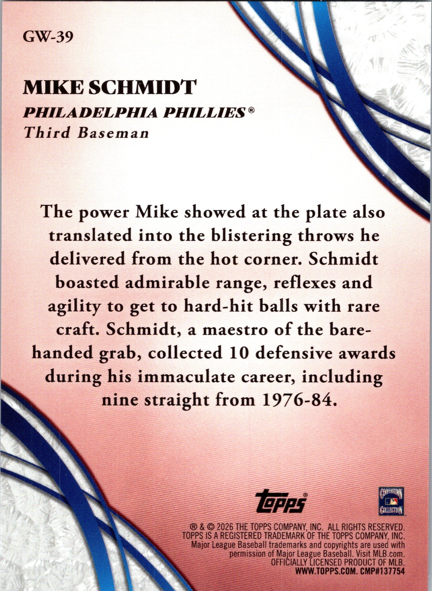 2026 Topps Mike Schmidt #GW-39 Glove Work Philadelphia Phillies Near Mint