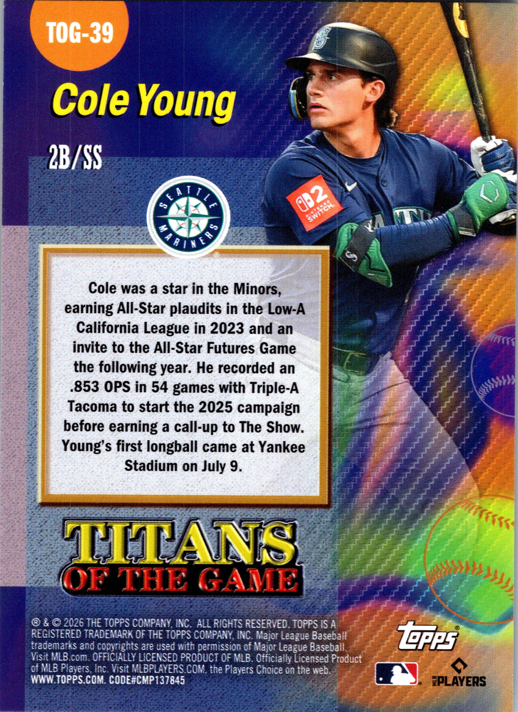 2026 Topps Cole Young #TOG-39 Titans of the Game Seattle Mariners Near Mint