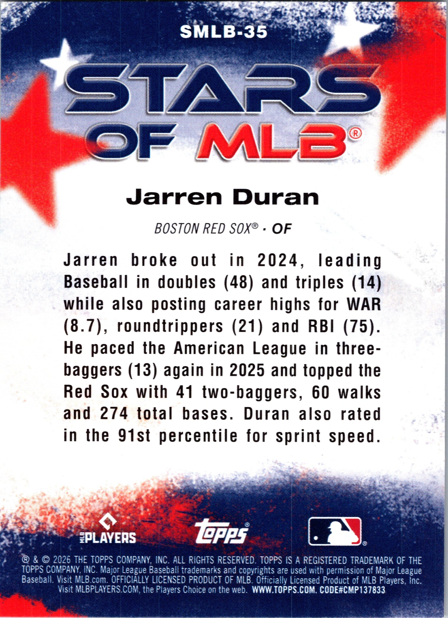 2026 Topps Jarren Duran #SMLB-35 Stars of MLB Boston Red Sox Near Mint or Better