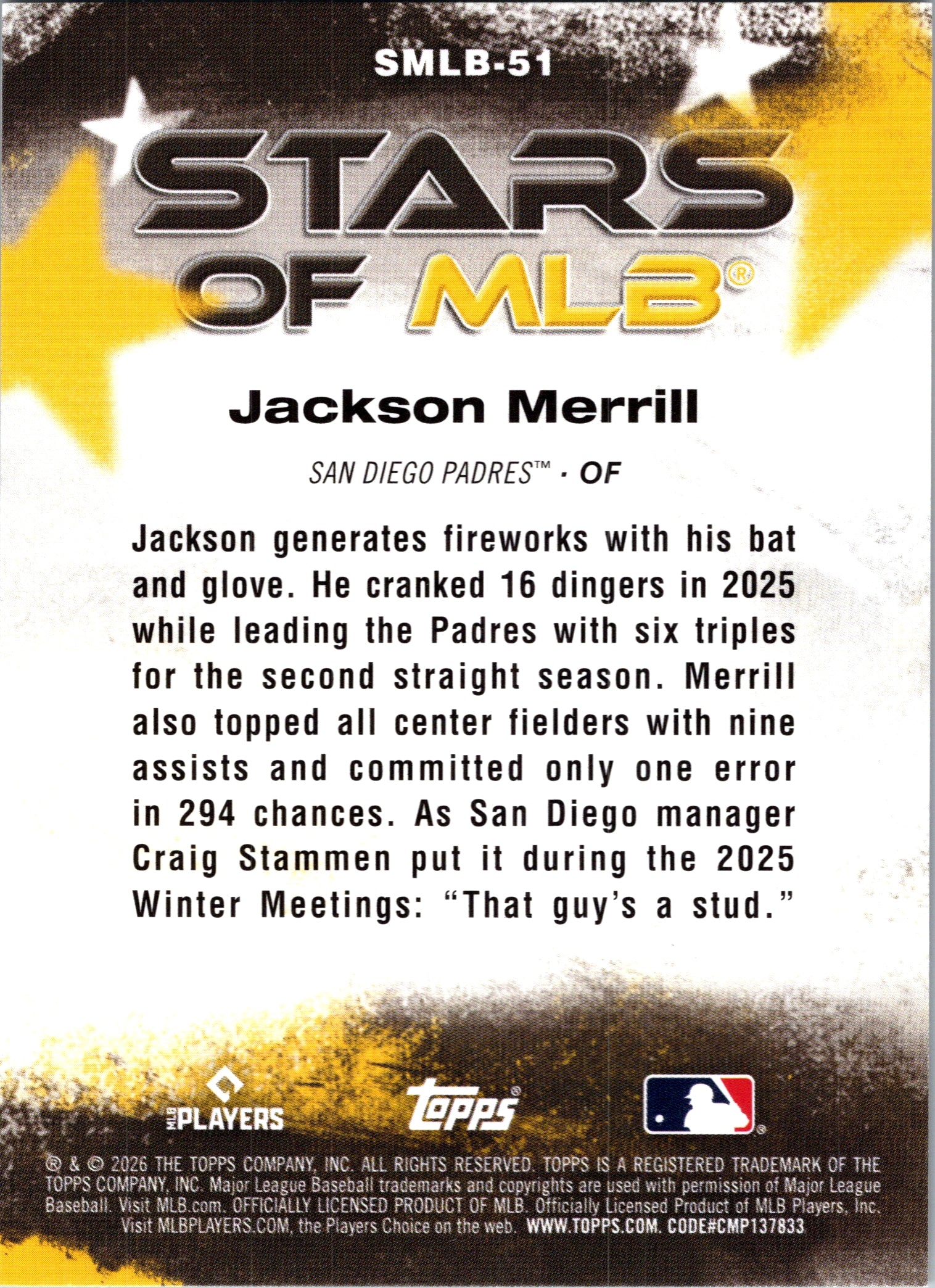 2026 Topps Jackson Merrill #SMLB-51 Stars of MLB San Diego Padres Near Mint