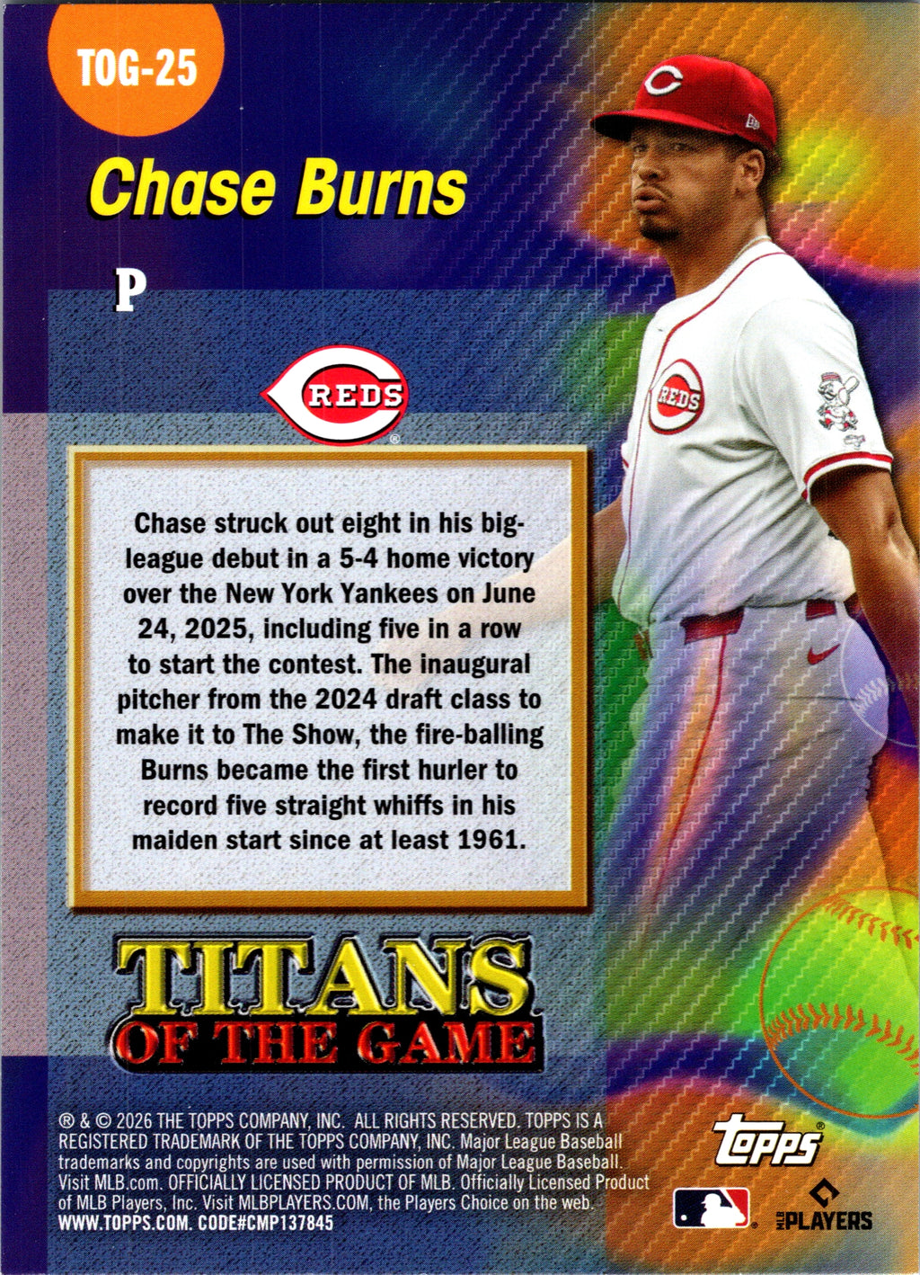 2026 Topps Chase Burns #TOG-25 Titans of the Game Cincinnati Reds Near Mint