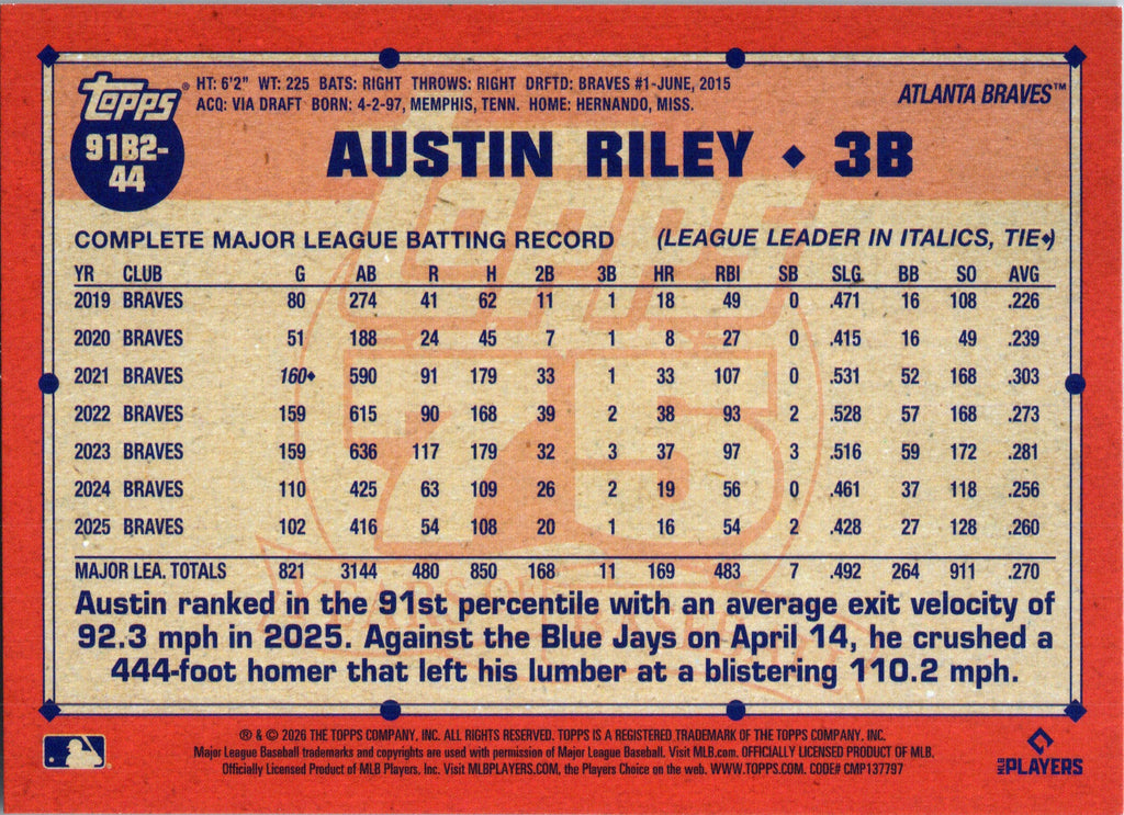2026 Topps #91B2-44 Austin Riley 1991 Topps Baseball 35th Anniversary