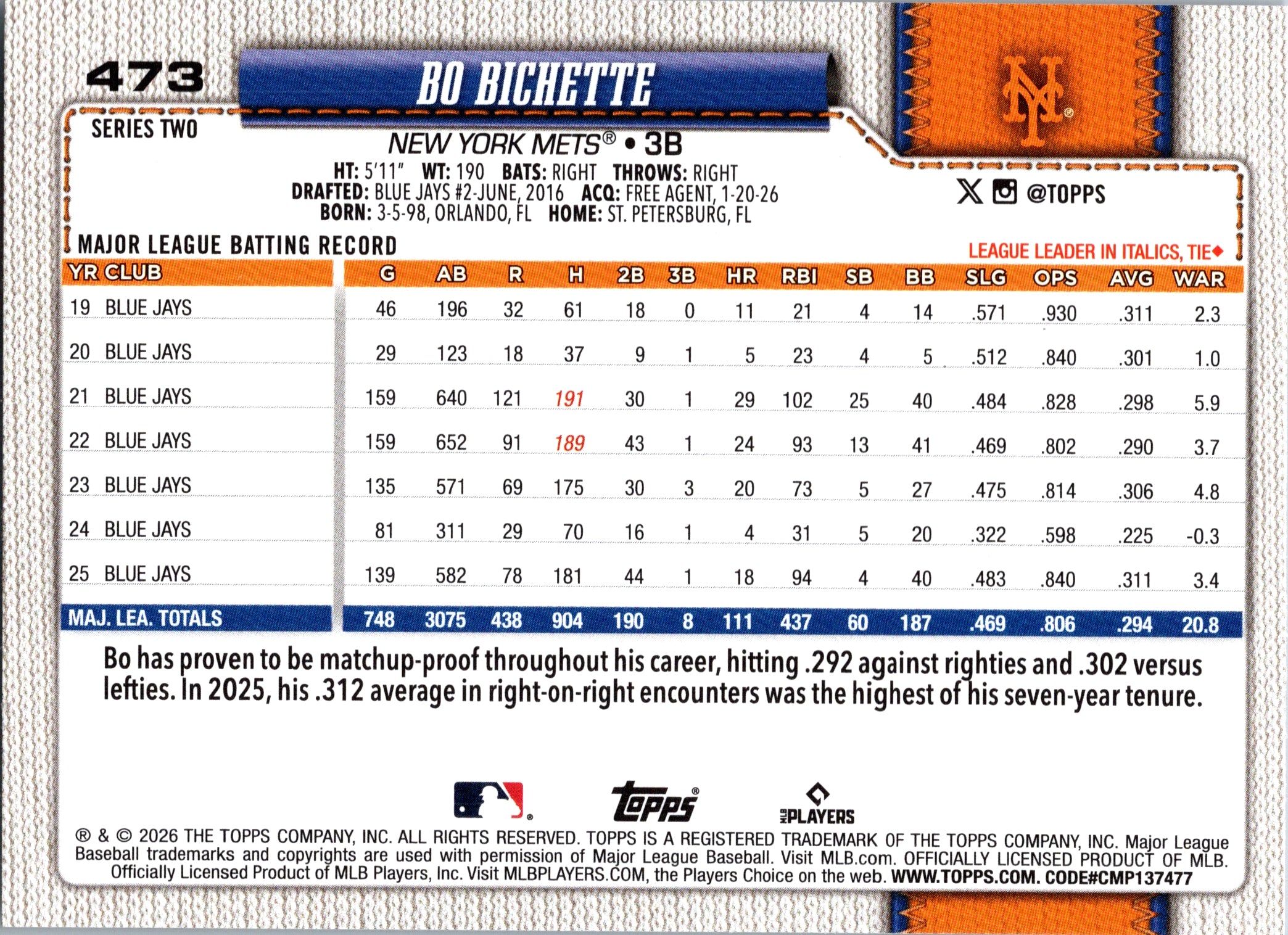 2026 Topps Bo Bichette #473 Base Card New York Mets Near Mint or Better