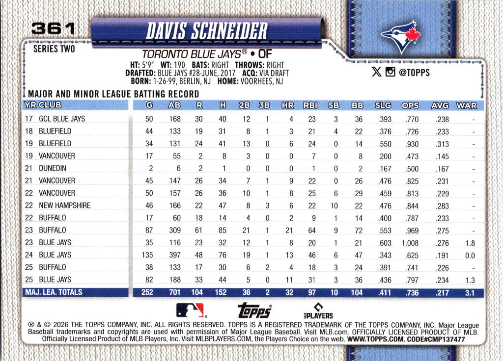 2026 Topps Davis Schneider #361 Base Card Toronto Blue Jays Near Mint or Better
