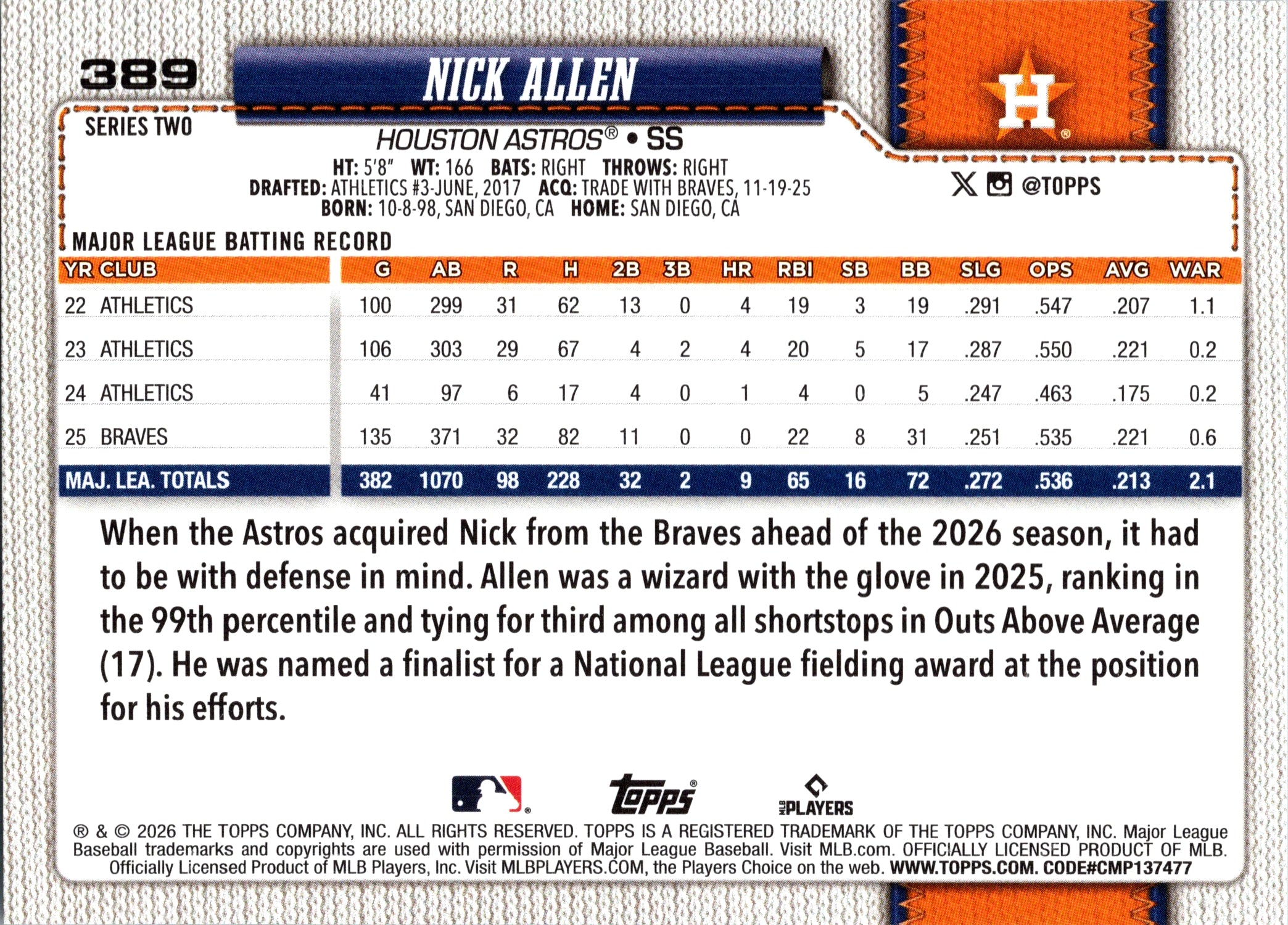 2026 Topps Nick Allen #389 Base Card Houston Astros Near Mint or Better