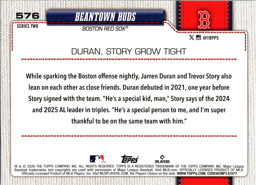 2026 Topps Beantown Buds Jarren Duran Trevor Story #576 Boston Red Sox Near Mint