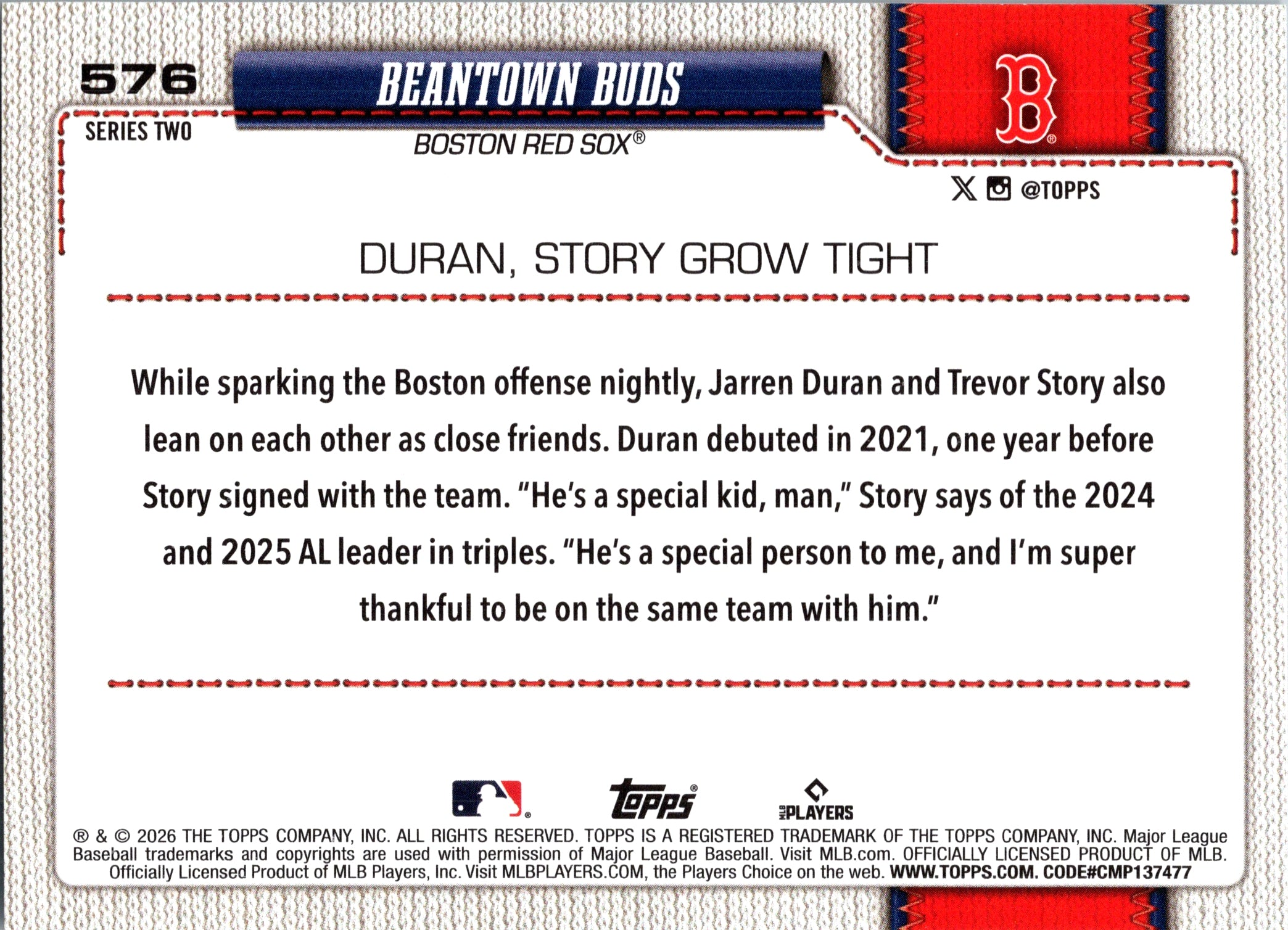 2026 Topps Beantown Buds Jarren Duran Trevor Story #576 Boston Red Sox Near Mint
