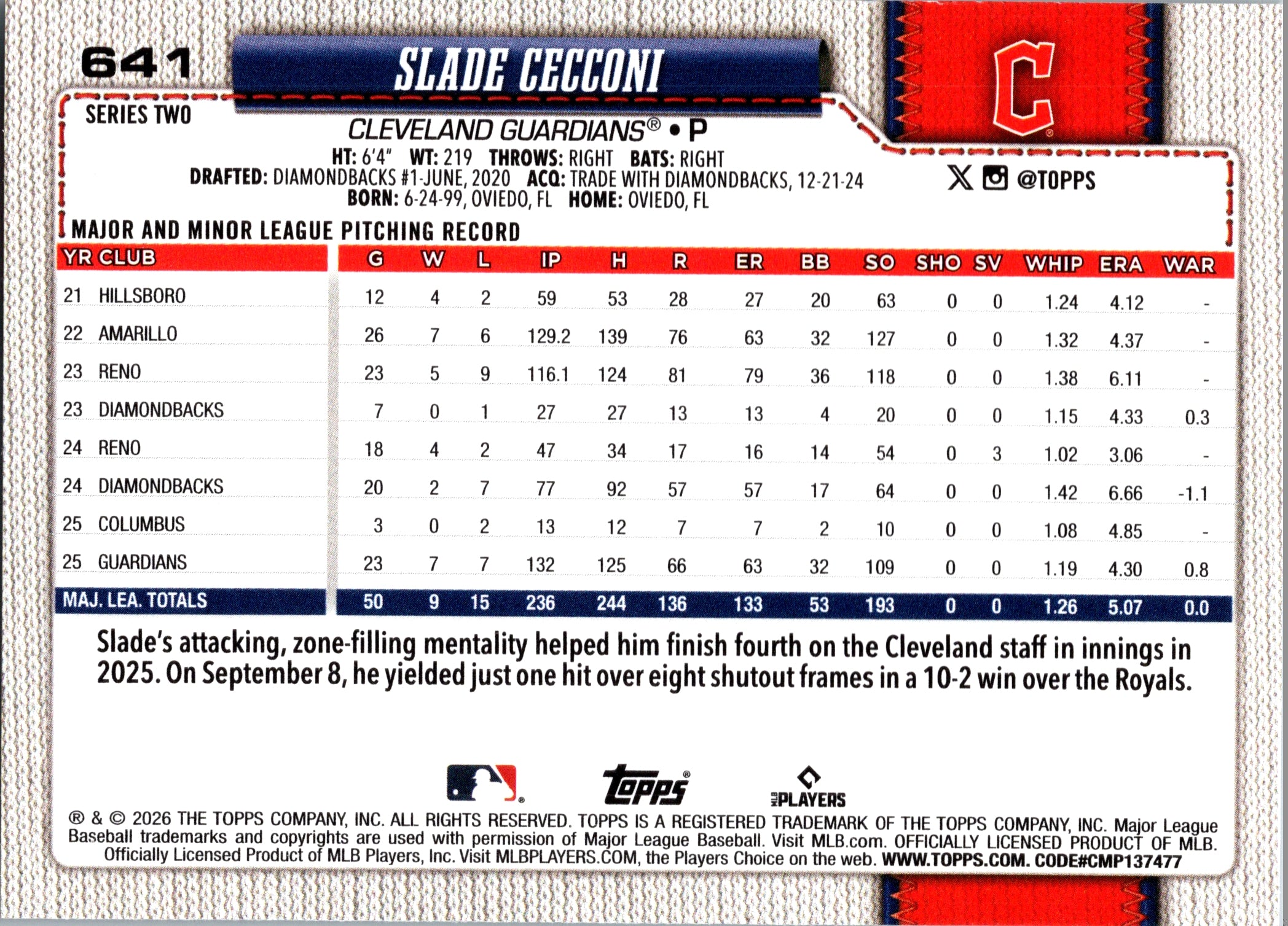 2026 Topps Slade Cecconi #641 Base Card Cleveland Guardians Near Mint or Better
