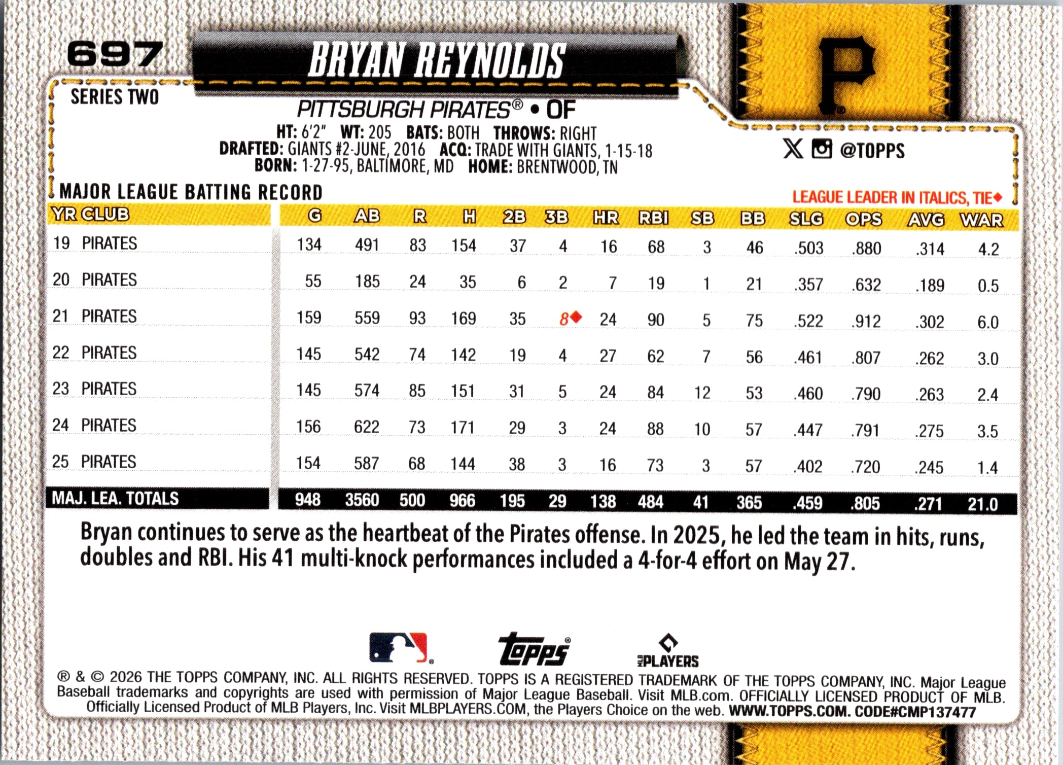 2026 Topps Bryan Reynolds #697 Base Card Pittsburgh Pirates Near Mint or Better