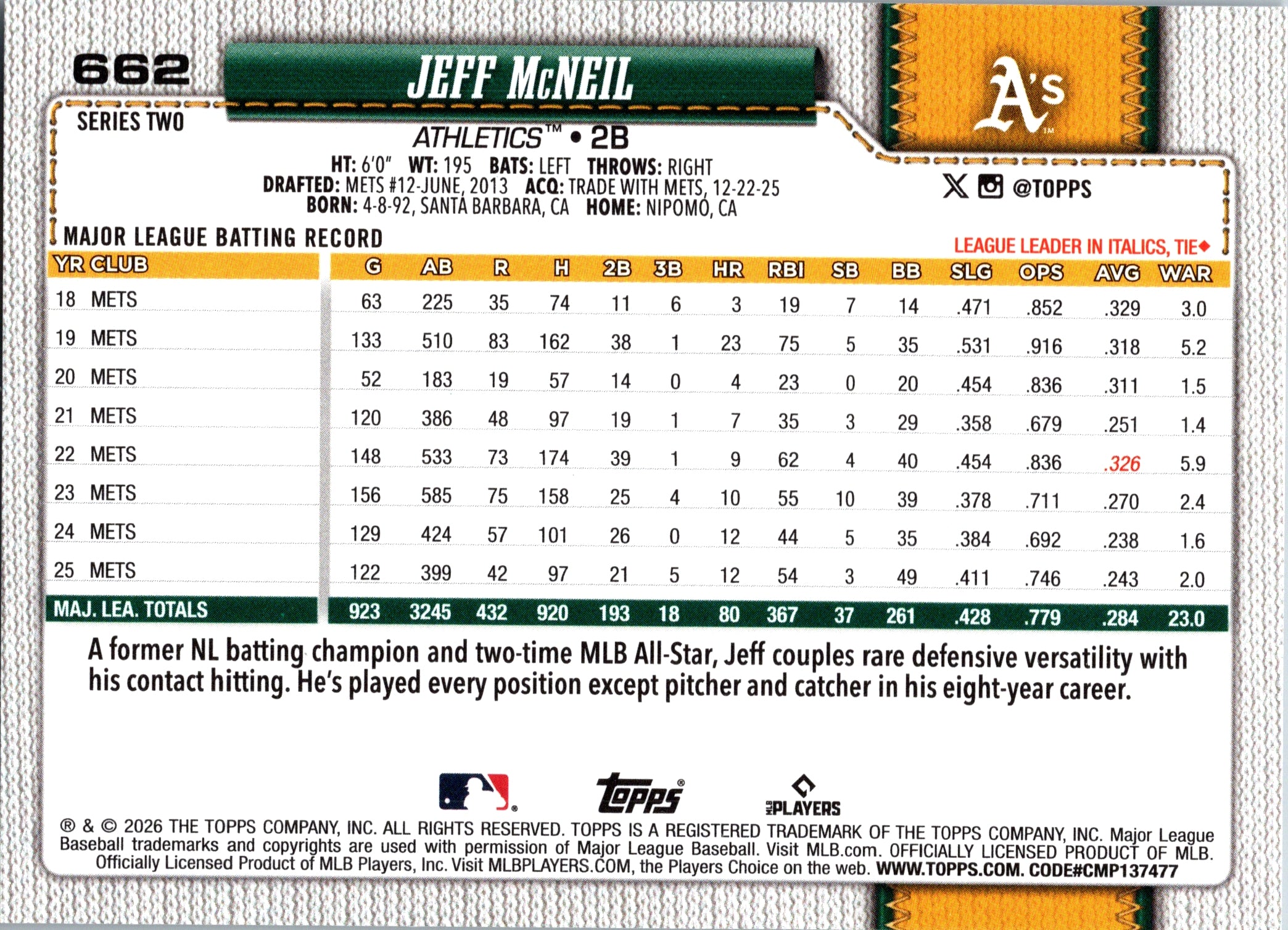 2026 Topps Jeff McNeil #662 Base Card Athletics Near Mint or Better