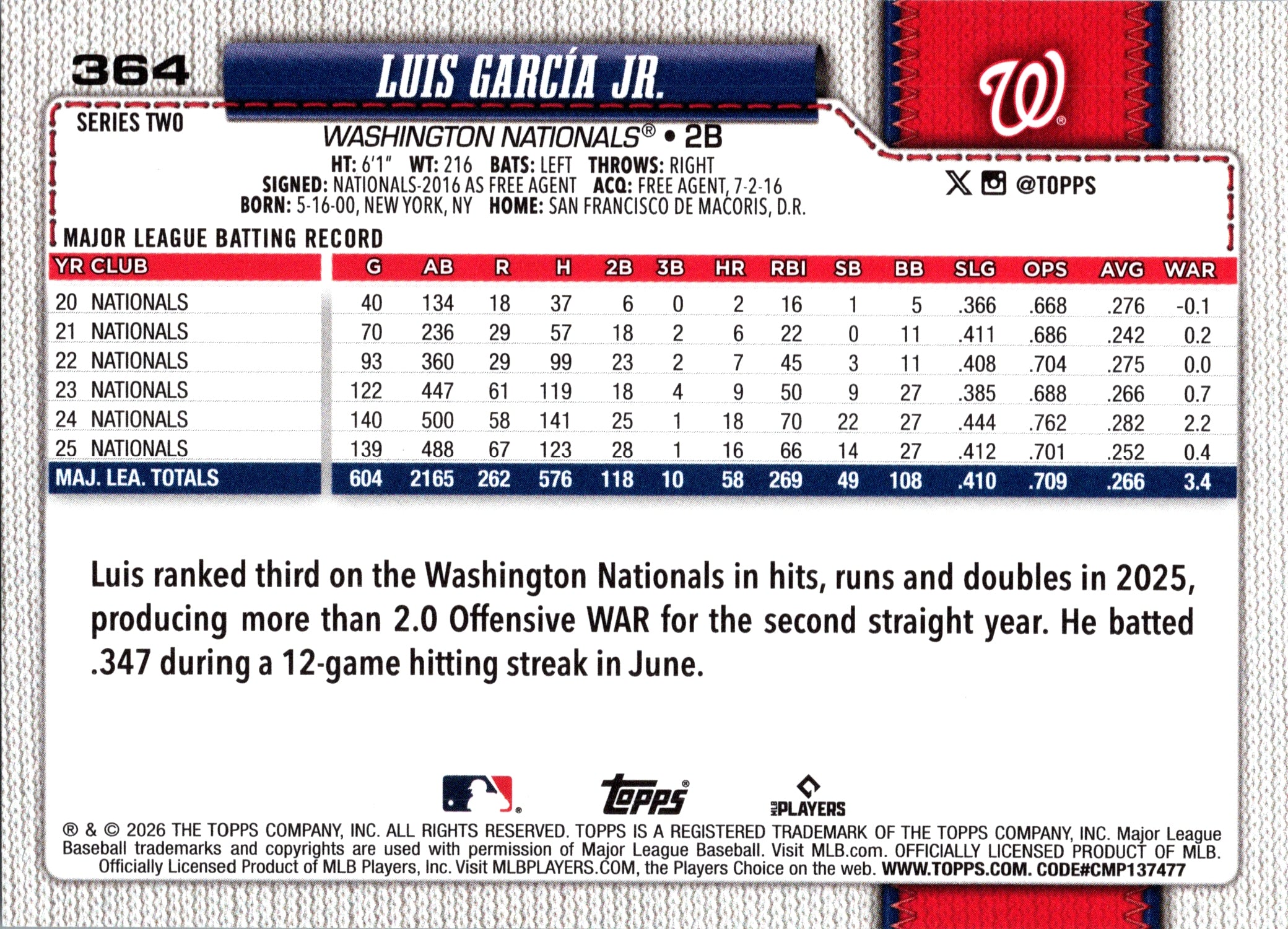 2026 Topps Luis García Jr. #364 Base Card Washington Nationals Near Mint