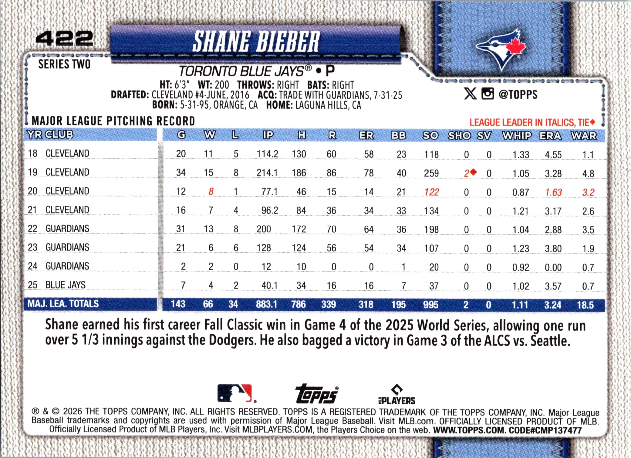 2026 Topps Shane Bieber #422 Base Card Toronto Blue Jays Near Mint or Better