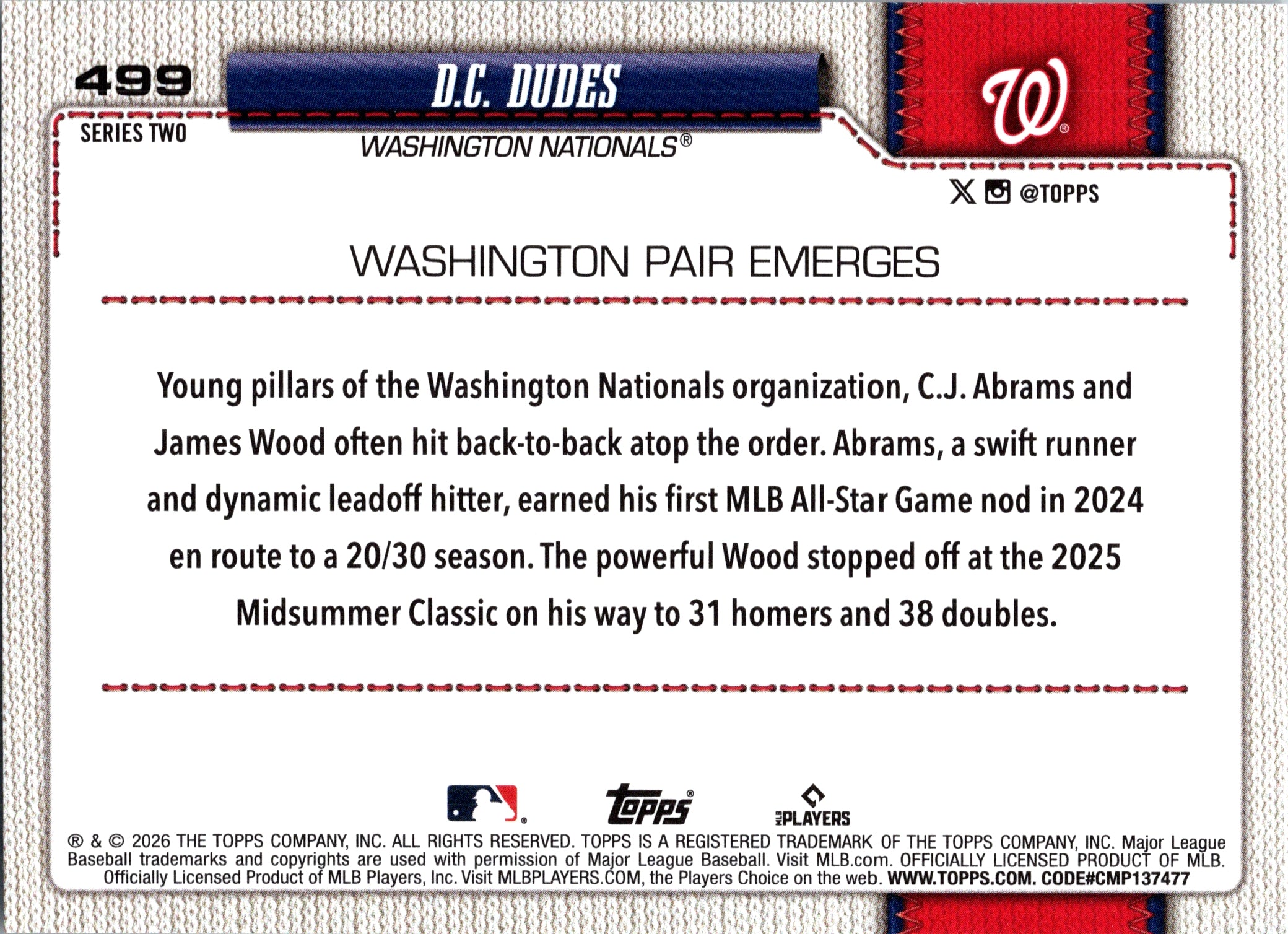 2026 Topps D.C. Dudes (CJ Abrams James Wood  #499 Washington Nationals Near Mint