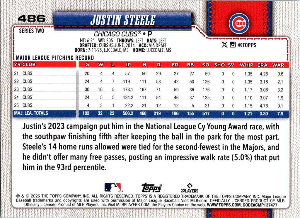 2026 Topps Justin Steele #486 Base Card Chicago Cubs Near Mint or Better